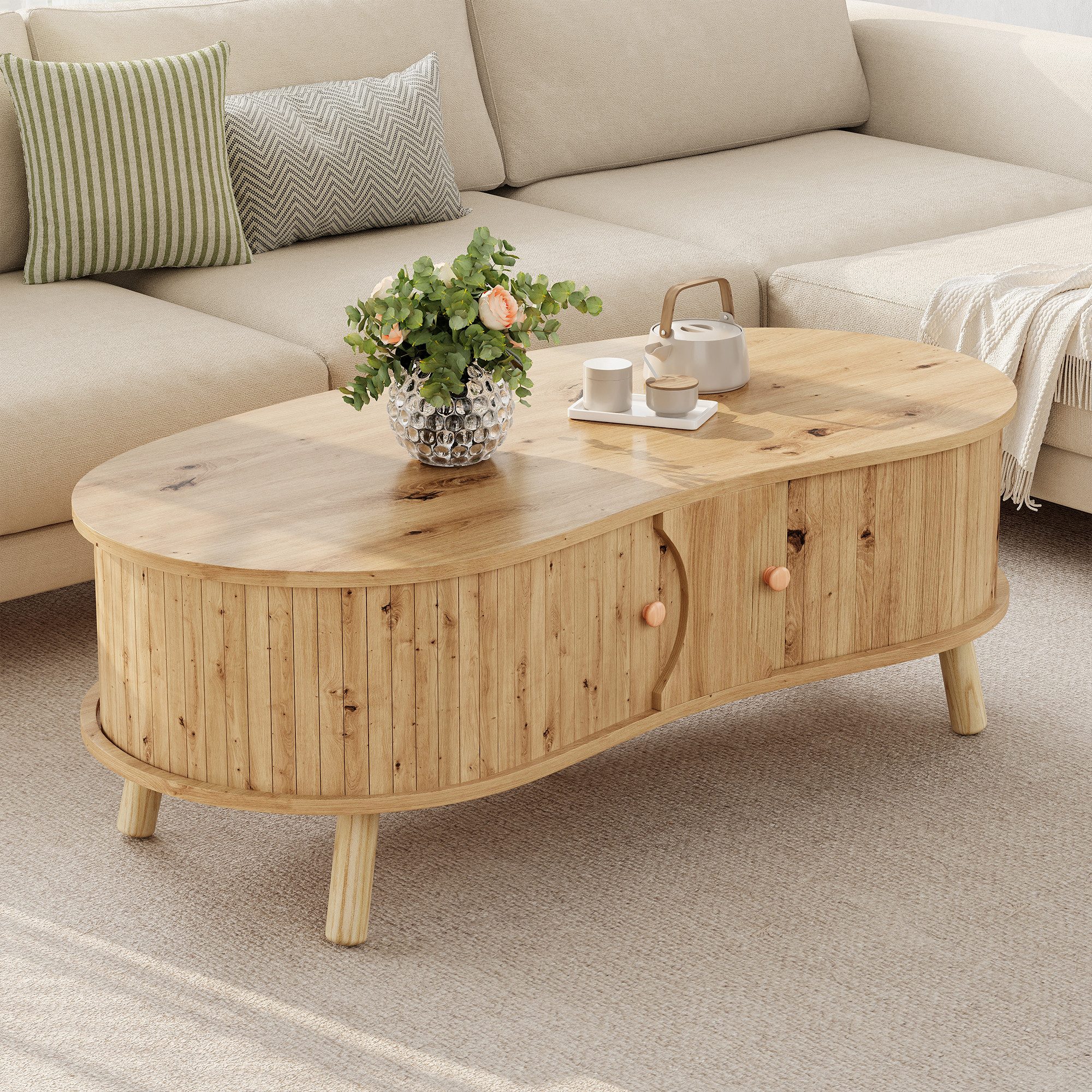 Merax Couchtisch mit Erbsenform mit Rillenoptik, Sofatisch in Holzoptik (1-St., 108 x 50 x 37 cm), Wohnzimmertisch mit 2 Schiebetüren, Stauraum & Massivholzbeine