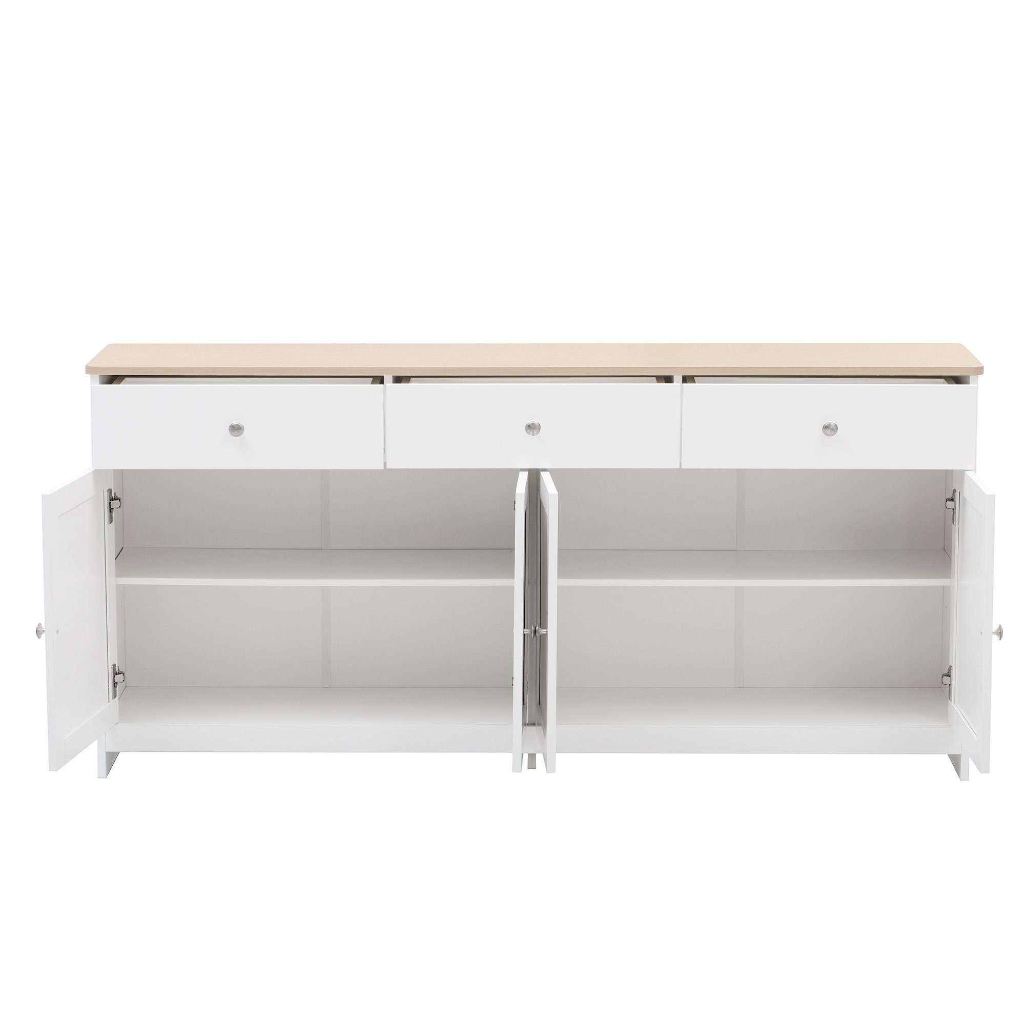 Merax Kommode Aufbewahrungsschrank mit drei Schubladen und vier Klappen, Sideboard im Landhausstil,Anrichte,Wohnzimmerschrank,B:160cm – Bild 4 von 5