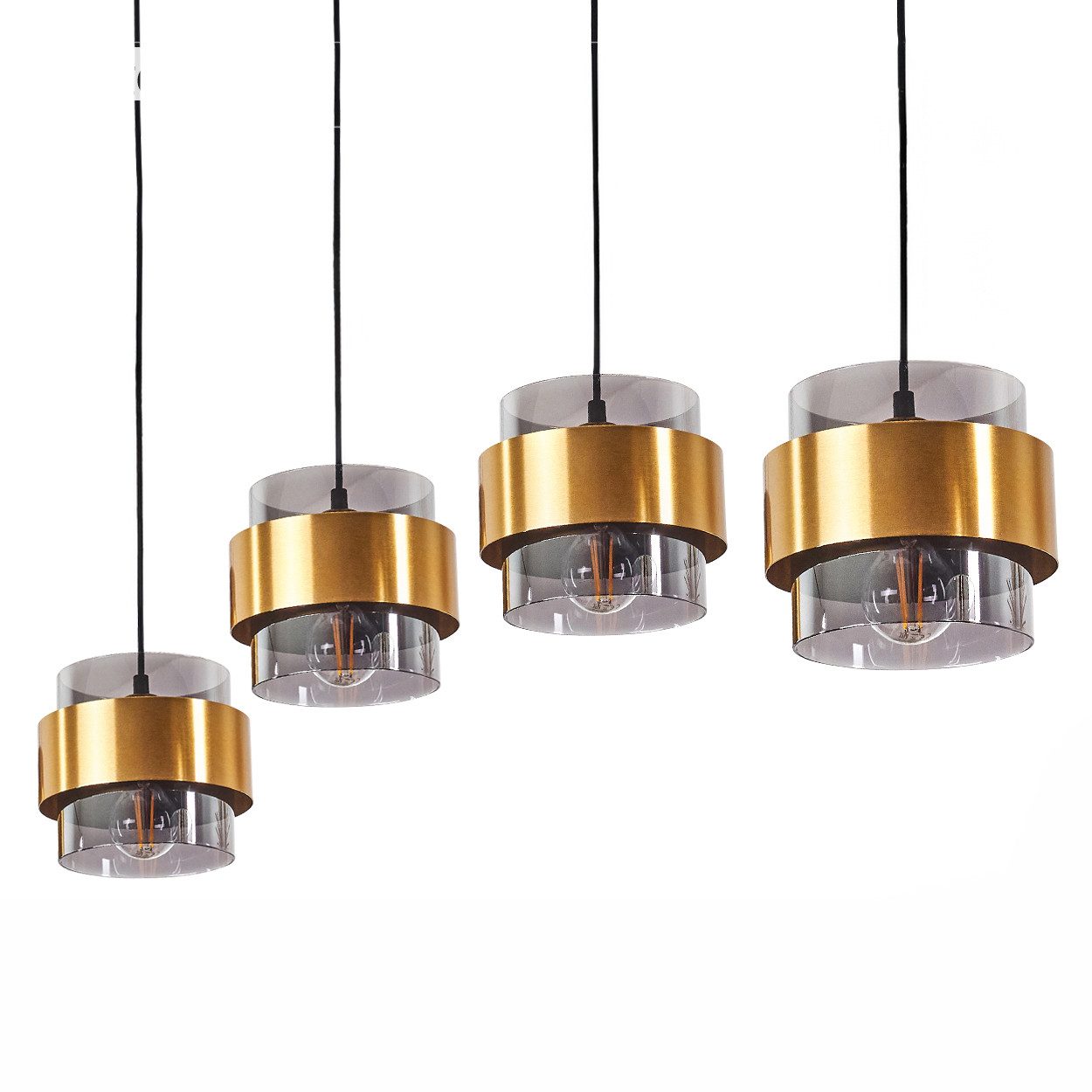 hofstein Pendelleuchte »Chiasottia« Deckenlampe, Metall, Schwarz/Messing, Rauchglasschirmen, ohne Leuchtmittel, moderne Pendelleuchte, 4xE27, Höhe max. 116cm