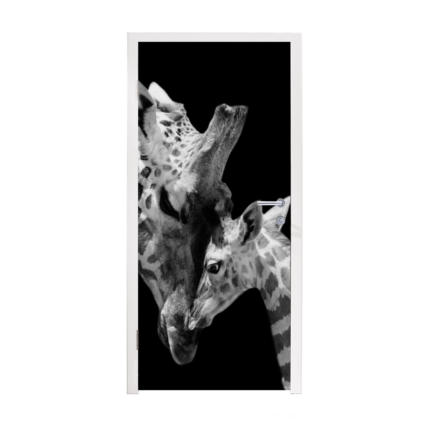 MuchoWow Türtapete Giraffe - Wildtiere - Porträt - Schwarz-Weiß, Matt, bedruckt, (1 St), Fototapete für Tür, Türaufkleber, 75x205 cm