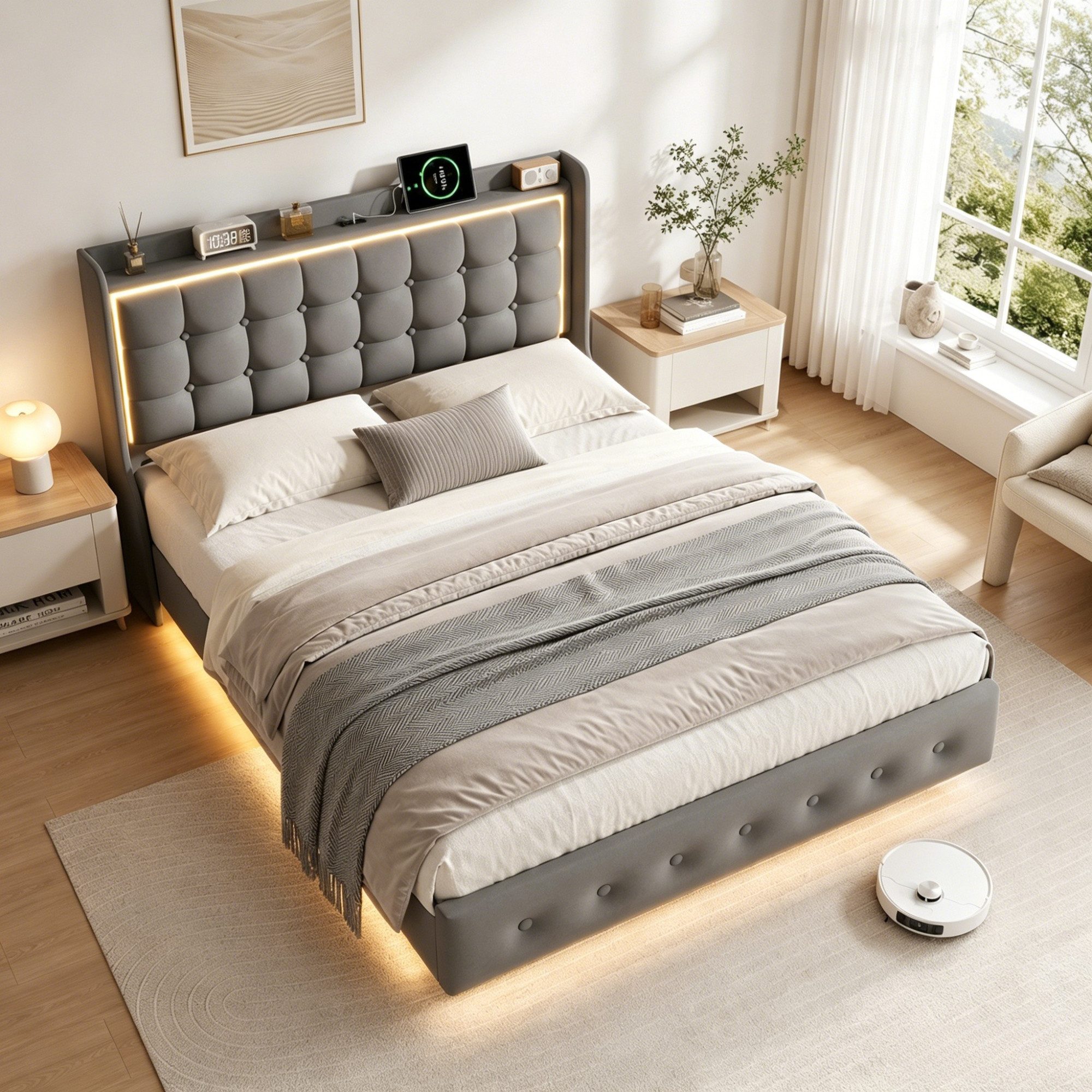 Simurq Polsterbett Schwebebett mit LED-Beleuchtung und USB, Doppelbett 140x200cm (Packung, 1-tlg., Jugendbett mit Kopfteil, Samtstoff), Schwebender visueller Effekt