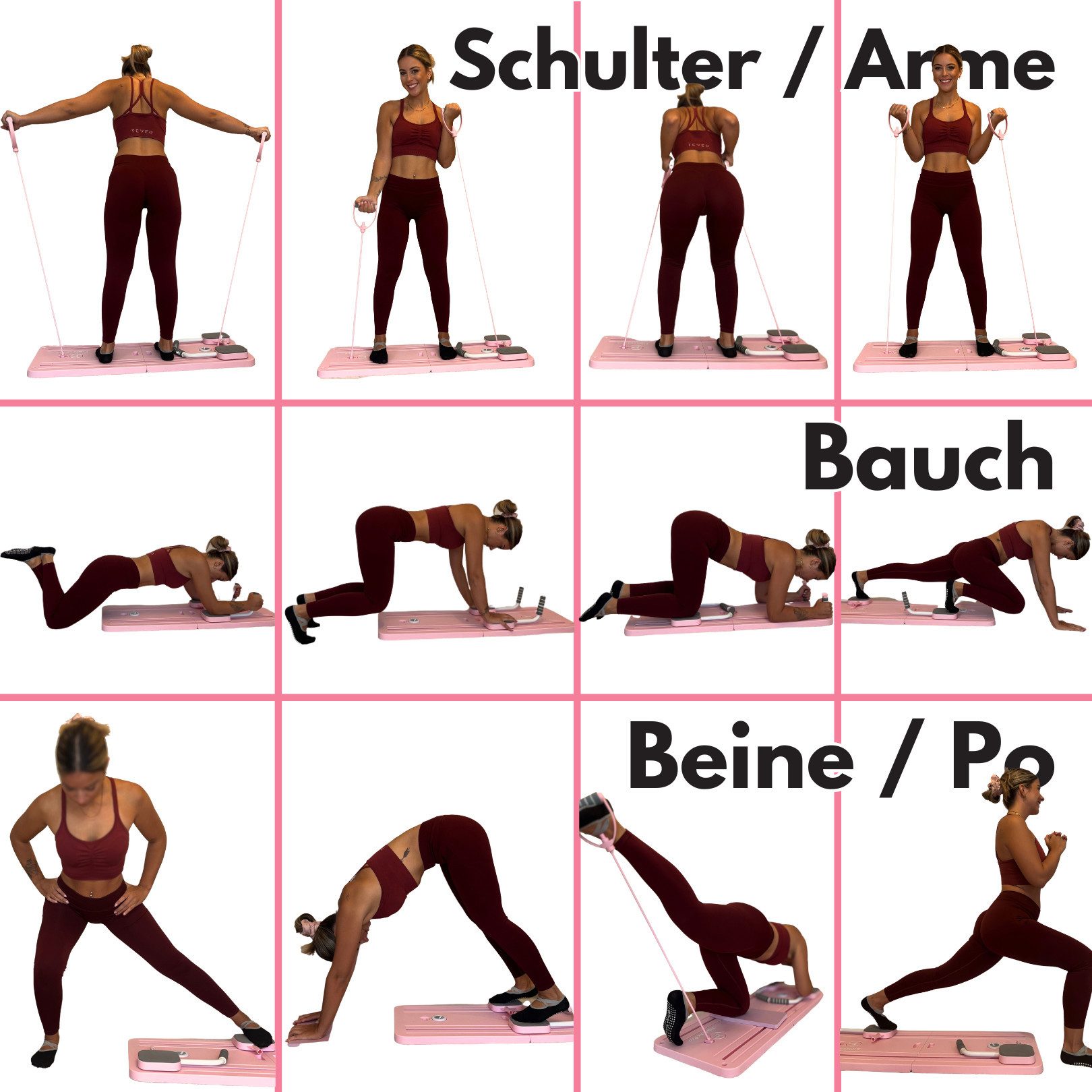 Pilatexx Pilates-Reformer PLTX - Faltbarer Pilates Reformer mit Videobibliothek (50+ Übungen), (Set, 6-tlg., inkl. 14/28 Tage Trainingspläne, inkl. Videobibliothek (50+ Übungen), Gelenkschonendes Ganzkörpertraining für alle Fitnesslevel