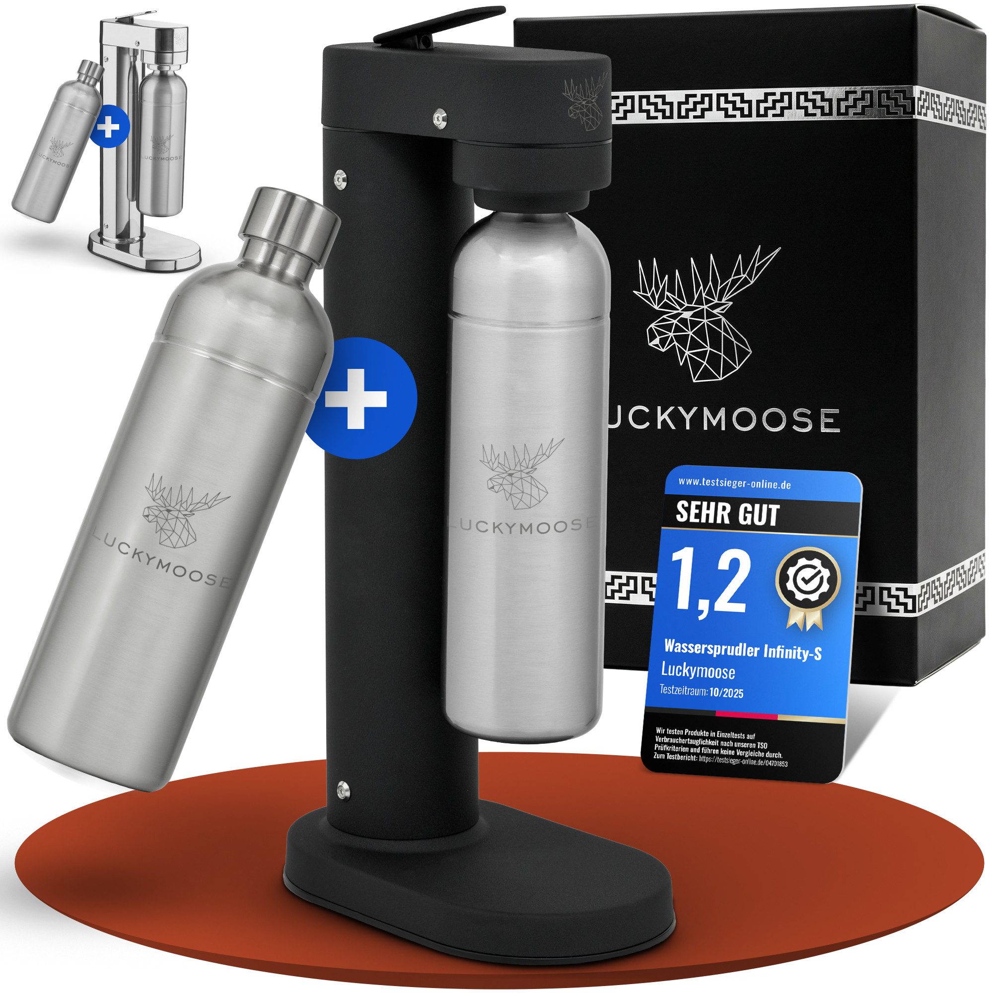Luckymoose Wassersprudler Infinity-S mit 2x 1,25L langlebige Edelstahlflaschen, (2xSilber-tlg), Spart bis zu 25% CO2, Flaschen spülmaschinenfest & ohne Ablaufdatum