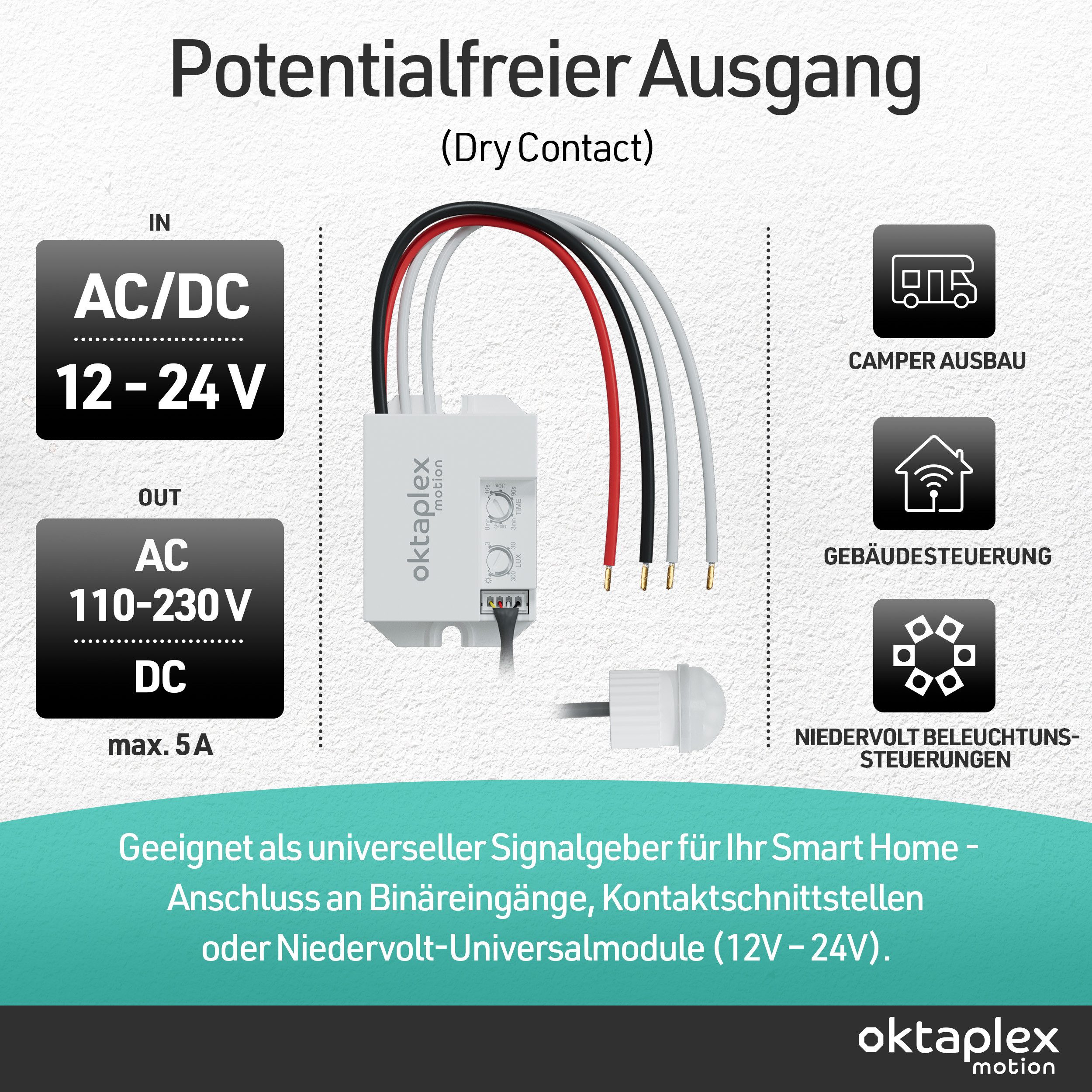 Oktaplex motion Bewegungsmelder 12 - 24V für Innen + außen, (1-St), Mini Bewegungssensor Infrarot 8m 12 - 24V Unterputz weiß