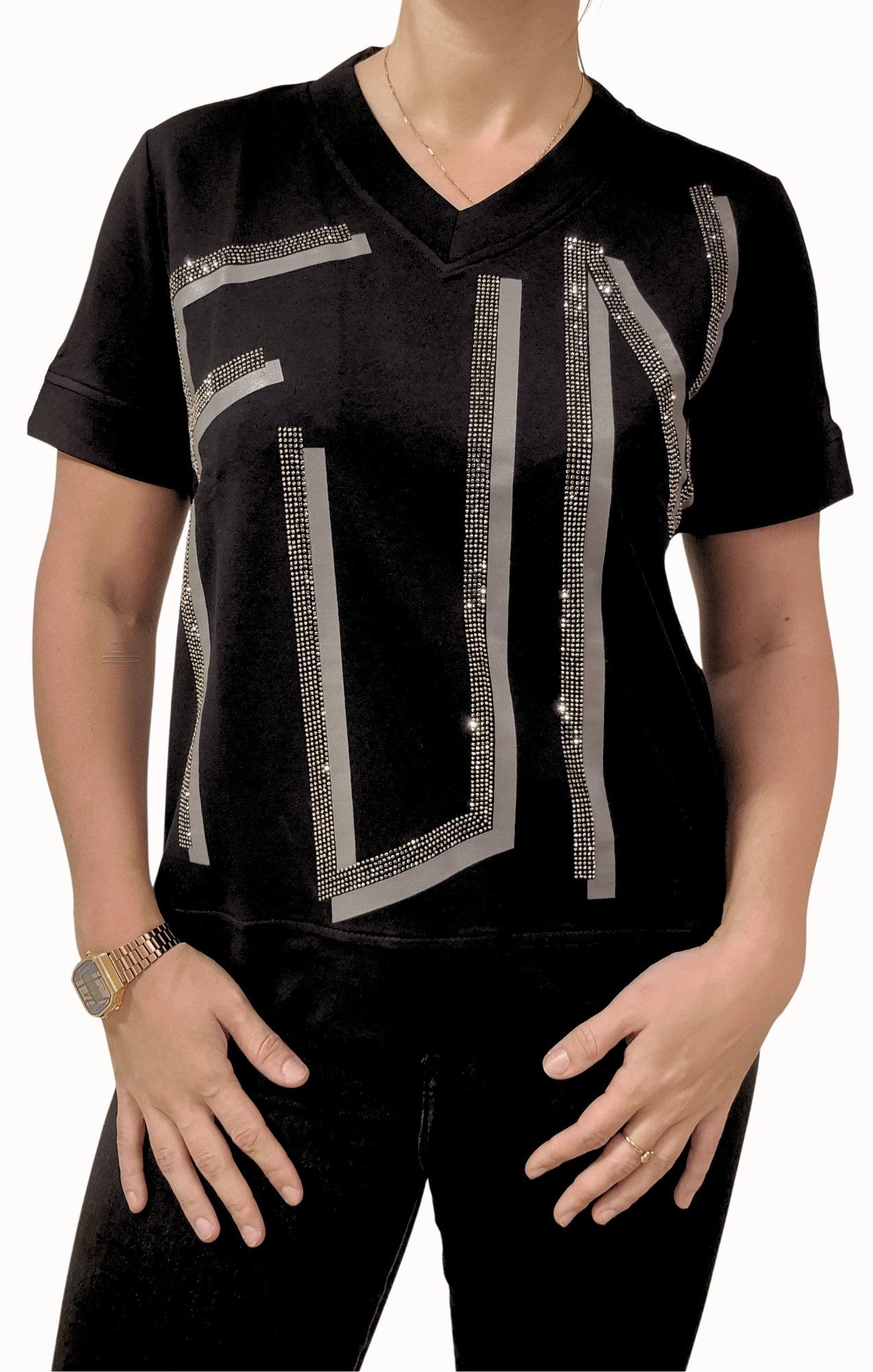 Estefania for woman Kurzarmshirt 194-1114, "FUN" mit Strassbesatz seitliche Schlitze am Saum