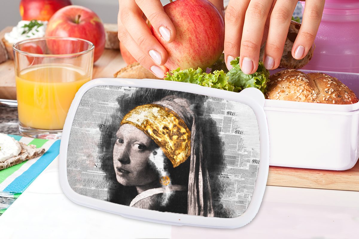 dem Vermeer für Perlenohrring weiß Lunchbox und Brotbox Mädchen MuchoWow Das Brotdose, Kinder - Erwachsene, Mädchen (2-tlg), - und Collage, Jungs mit Kunststoff, für