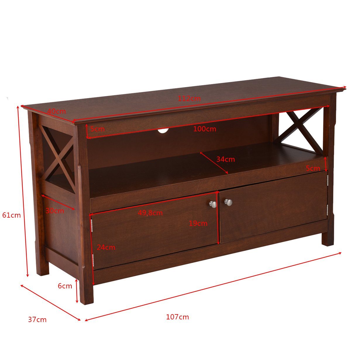 COSTWAY TV-Schrank Lowboard mit 40 Braun Holz, 2 112 x & x Türen, cm 61 Regal