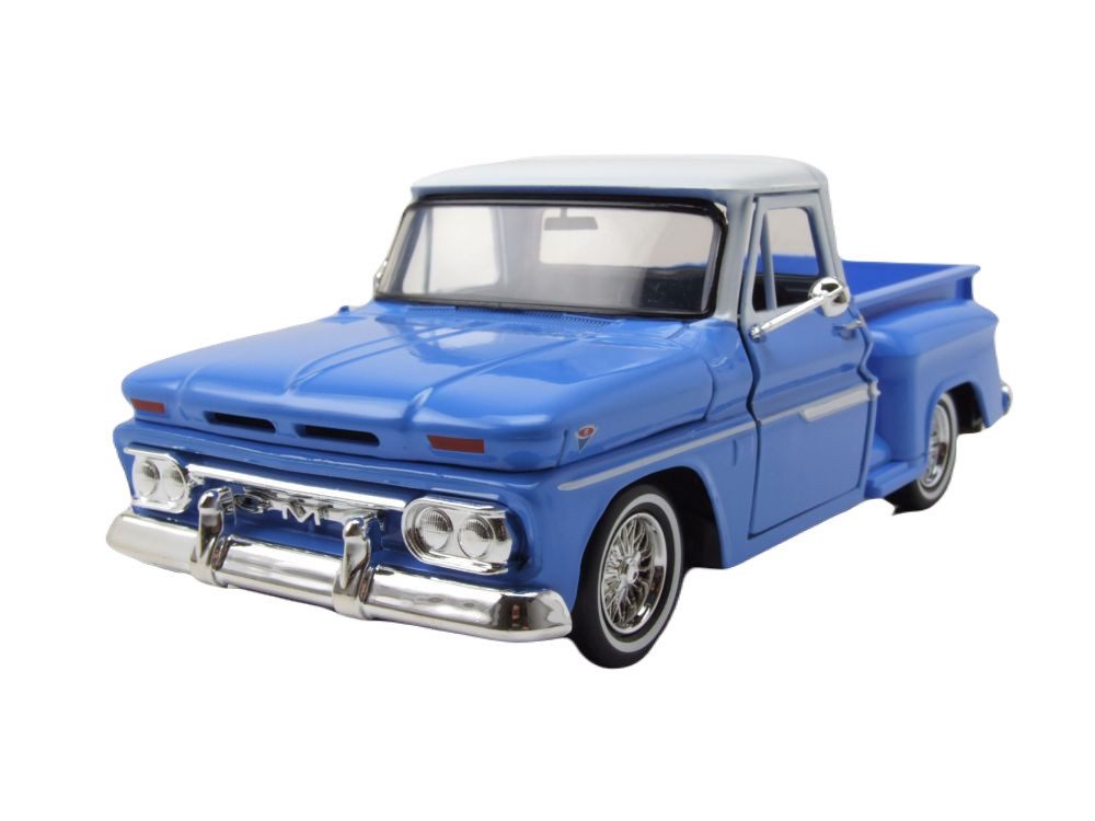 Motormax Modellauto GMC C1000 Pick Up Get Low 1966 blau weiß, Maßstab 1:24
