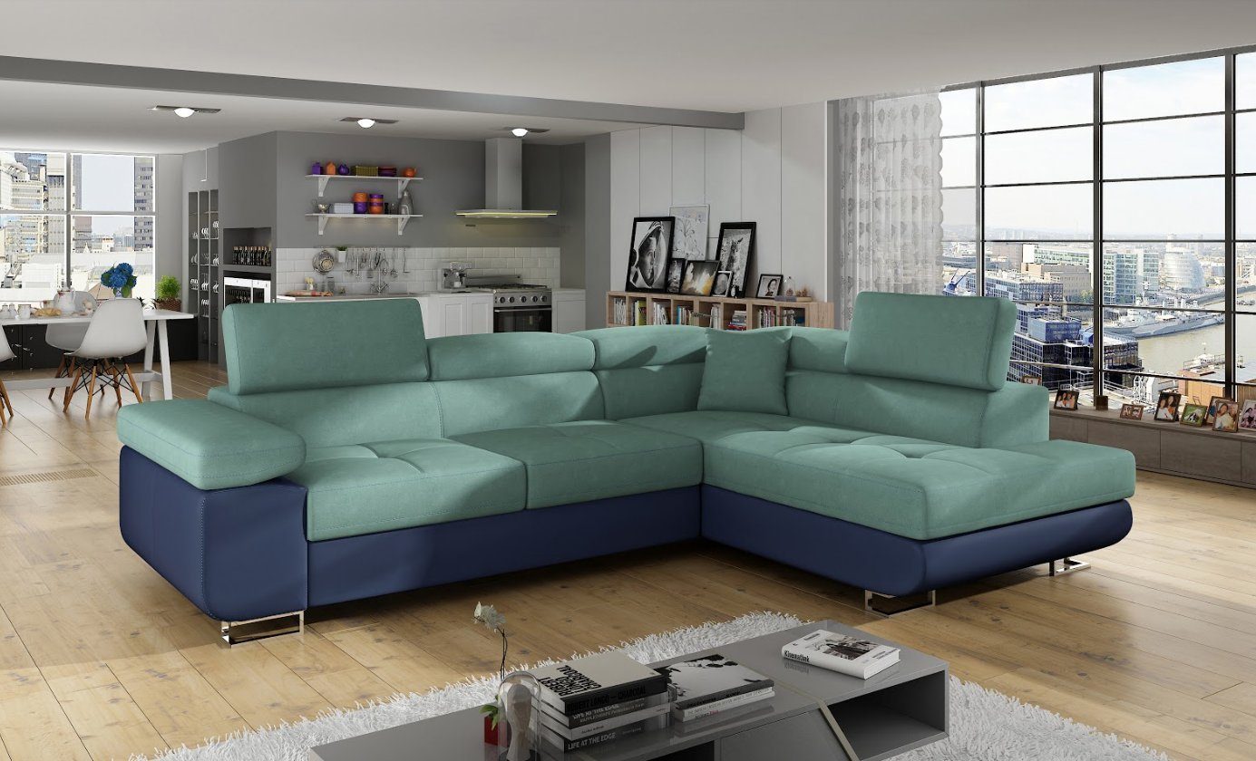 JVmoebel Ecksofa, Klassisch Design Ecksofa Sofa Couchen Bettfunktion Couch Polster Grün/Blau