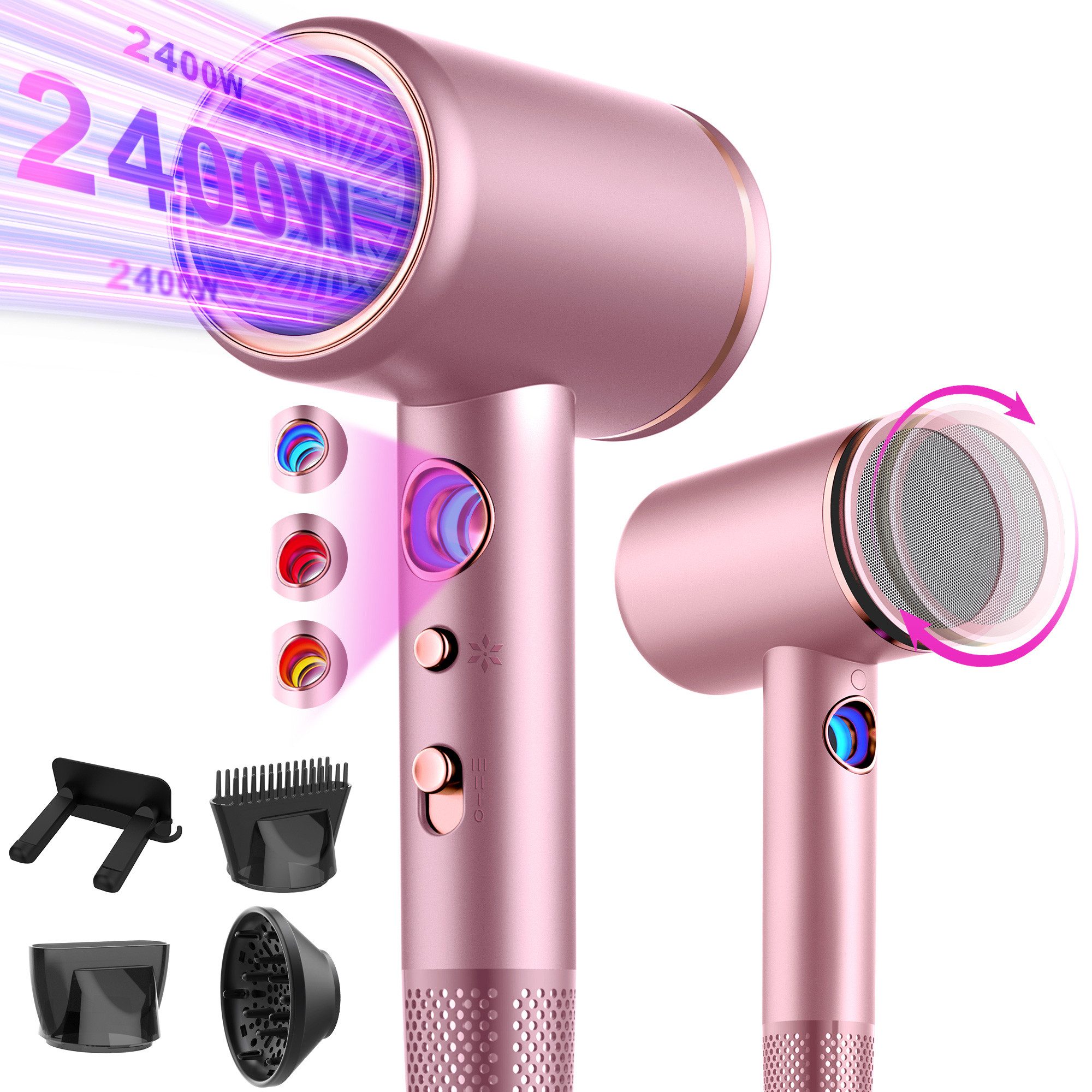 Forrlite Haartrockner Haartrockner,Föhn Ionen mit Diffusor 2400W AC Motor, 2400 W, 3 Stylingdüsen Klappbar Faltbarer Professional Ionen Haartrockner