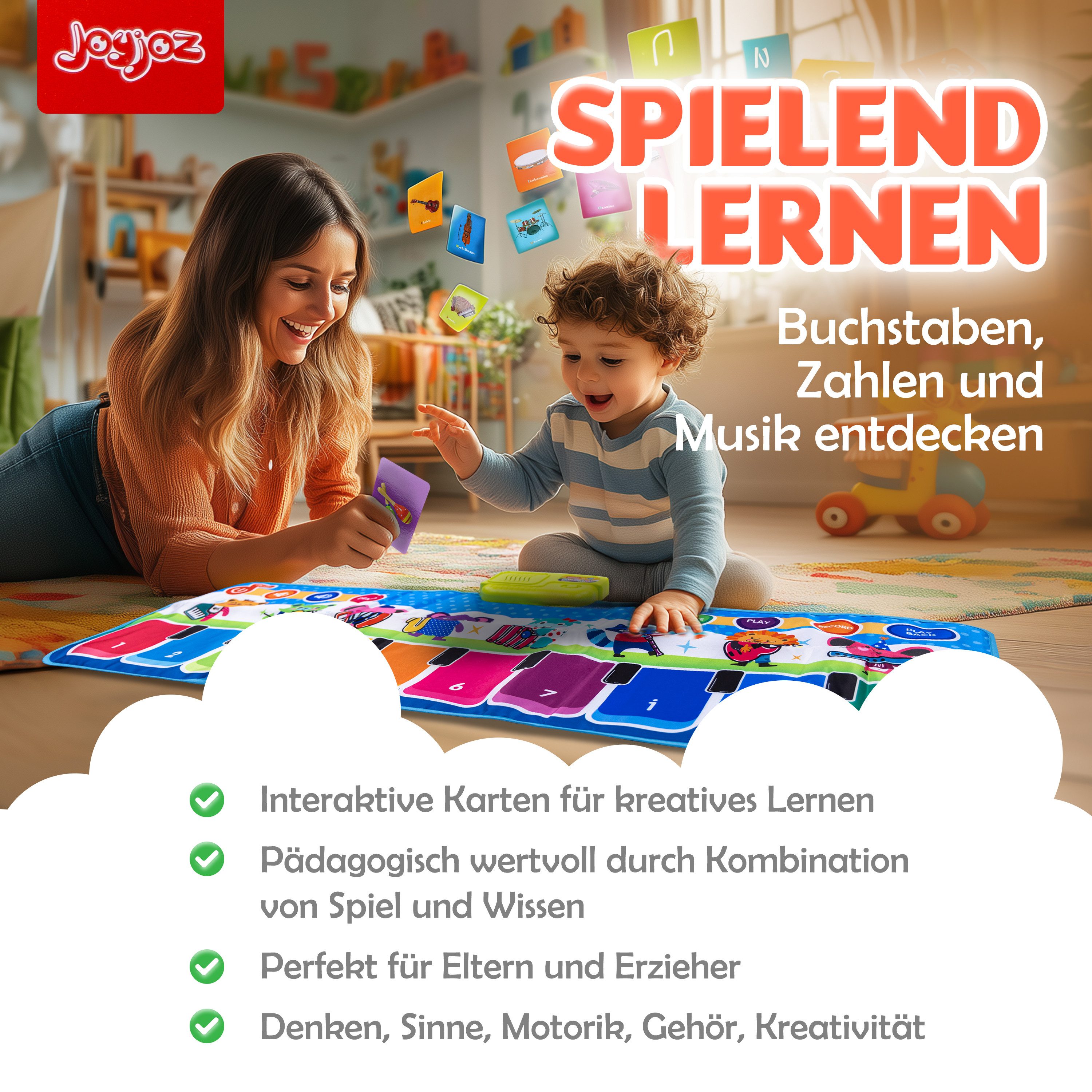 JoyJoz Spielmatte (Elektronische Klaviermatte, Tanzmatte für Kinder), mit 25 Geräuschen und 13 Karten – Spielspaß und Lernen in Einem