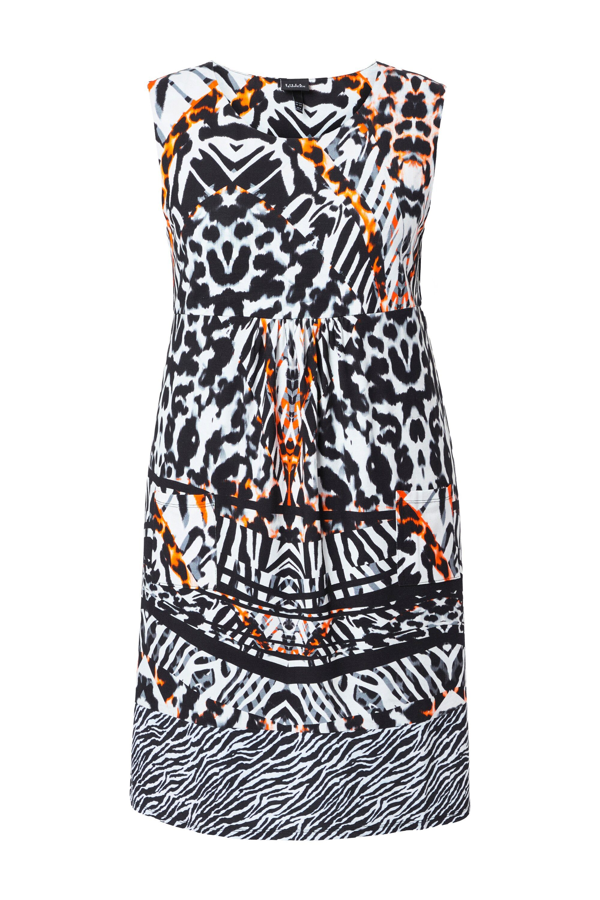 Ulla Popken Minikleid Jerseykleid Bordüre Rundhals ärmellos Taschen