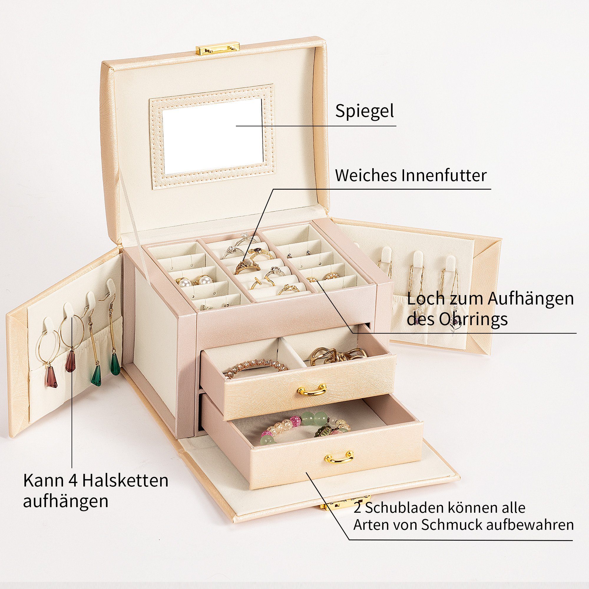 AdelDream Schmuckkasten Mini-Schmuckkästchen, 3 Ebenen, 2 Schubladen, 3 Far günstig online kaufen