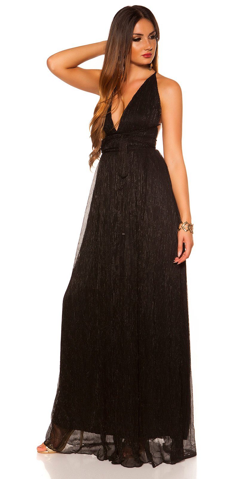 Koucla Abendkleid Maxikleid mit Rücken schwarz im offenem glänzendes, Plissee-Stil Material, Plissee glitzerndes
