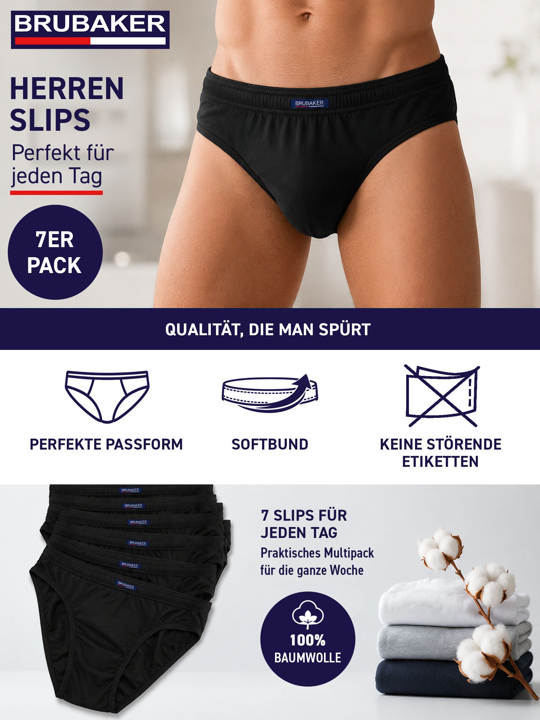 BRUBAKER Slip Herren Unterhose aus Baumwolle (Spar-Pack, 7-St., 7er-Pack) Großpackung Männer Unterwäsche, sehr bequeme Passform – Bild 2 von 5