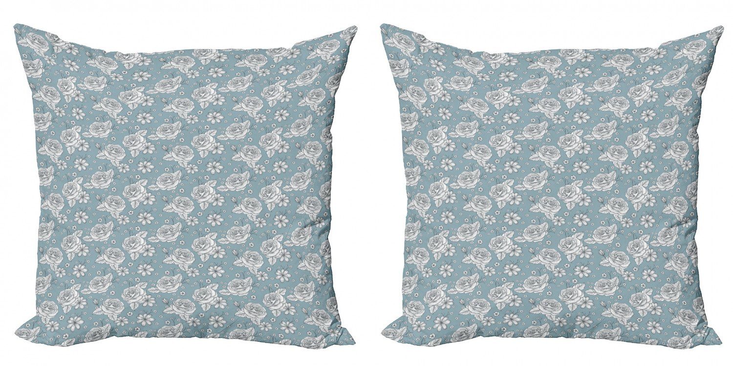 Kissenbezüge Modern Accent Doppelseitiger Digitaldruck, Abakuhaus (2 Stück), Rose Retro gemalte Blüten auf Blau