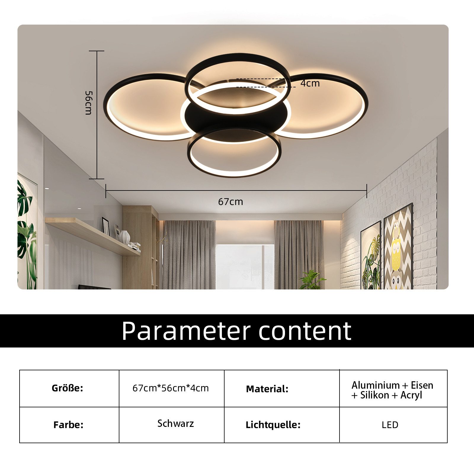 ZMH Deckenleuchte Wohnzimmer Modern 4/5 Flammig Ringoptik Design 37/70W Schlafzimmer, Augenschutz, Einfache Installtion, LED fest integriert, 3000-6500K, 67cm Modern Dimmbar Bürolampe mit Fernbedienung für Flur Hotel