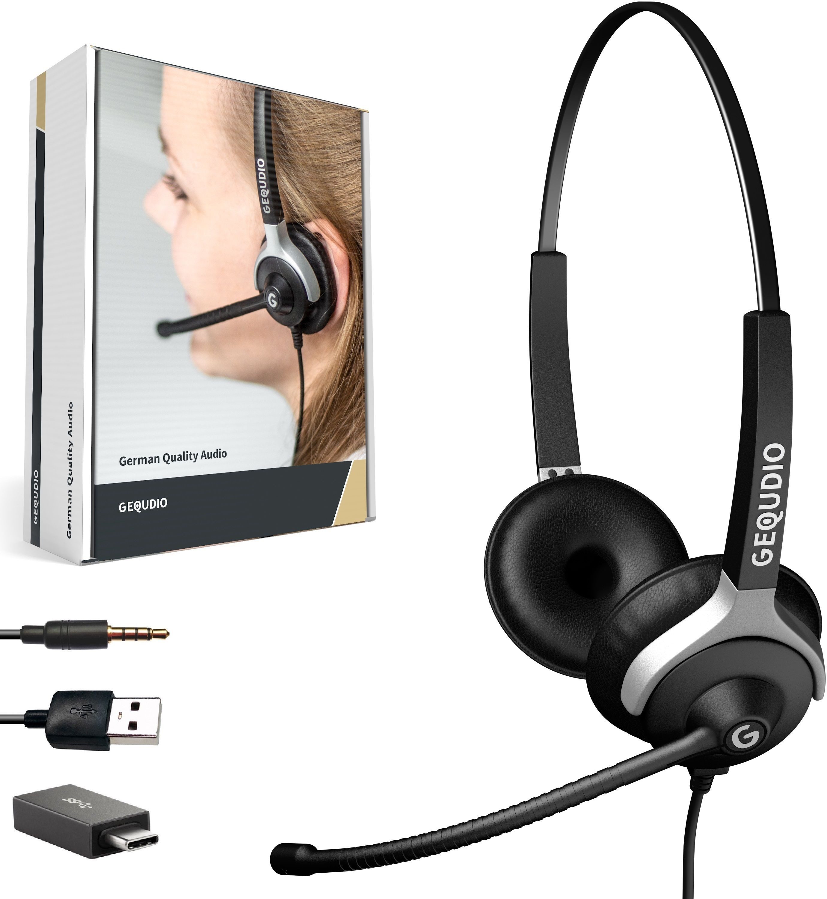 GEQUDIO Headset (mit Wechselverschluss für mehrere Endgeräte, inklusive Anschlusskabel)