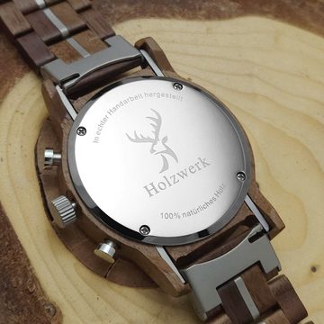 Holzwerk Chronograph GRONAU Herren Holz Armband Uhr mit Datum, braun, silber & schwarz