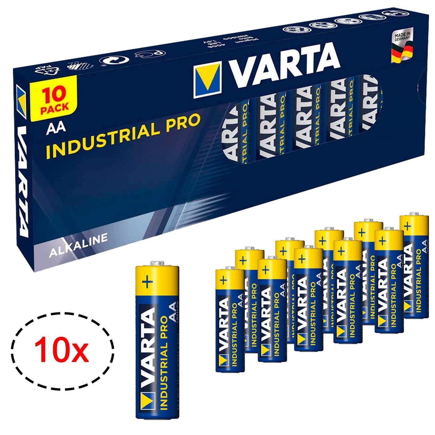 VARTA 10er Pack AA Industrial Alkaline Mignon Batterie, (1,5 V, 10 St), Made in Germany Batterien 1,5V für Taschenlampe Spielzeug Wand Uhr