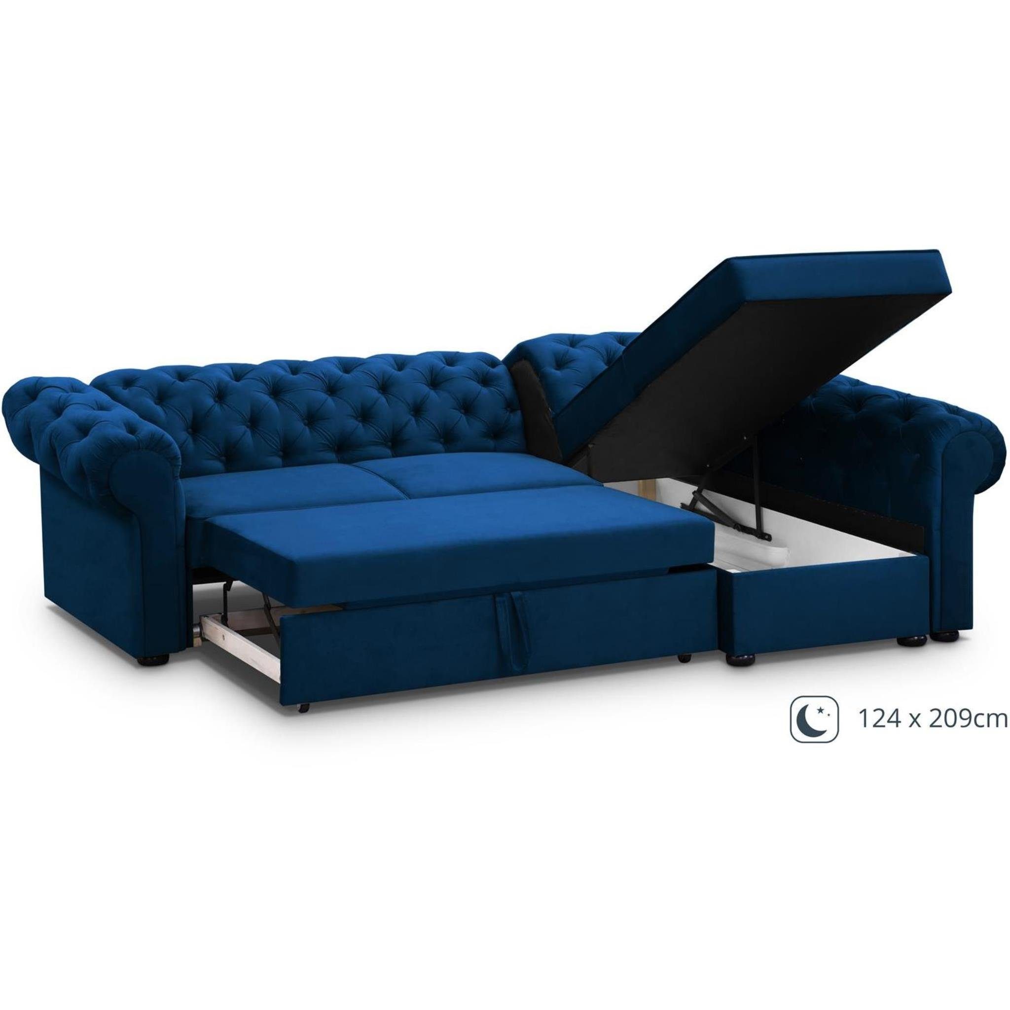 Relaxfunktion, rechts mane (kronos links Ecksofa montierbar, mit mit L-Form Marineblau Chester, Polsterecke Velour, 09) Beautysofa oder aus Bettkästen 2x