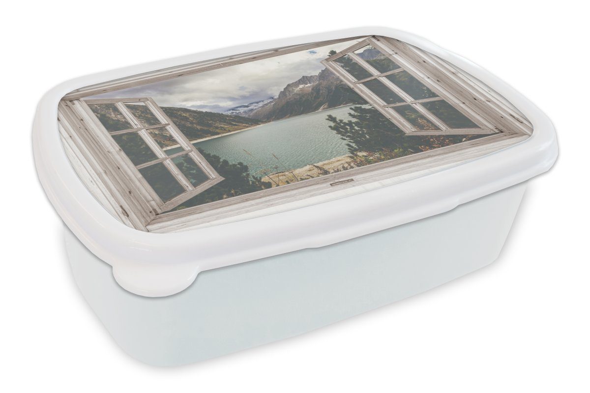 MuchoWow Lunchbox Aussicht - Wasser - Berg, Kunststoff, (2-tlg), Brotbox für Kinder und Erwachsene, Brotdose, für Jungs und Mädchen weiß