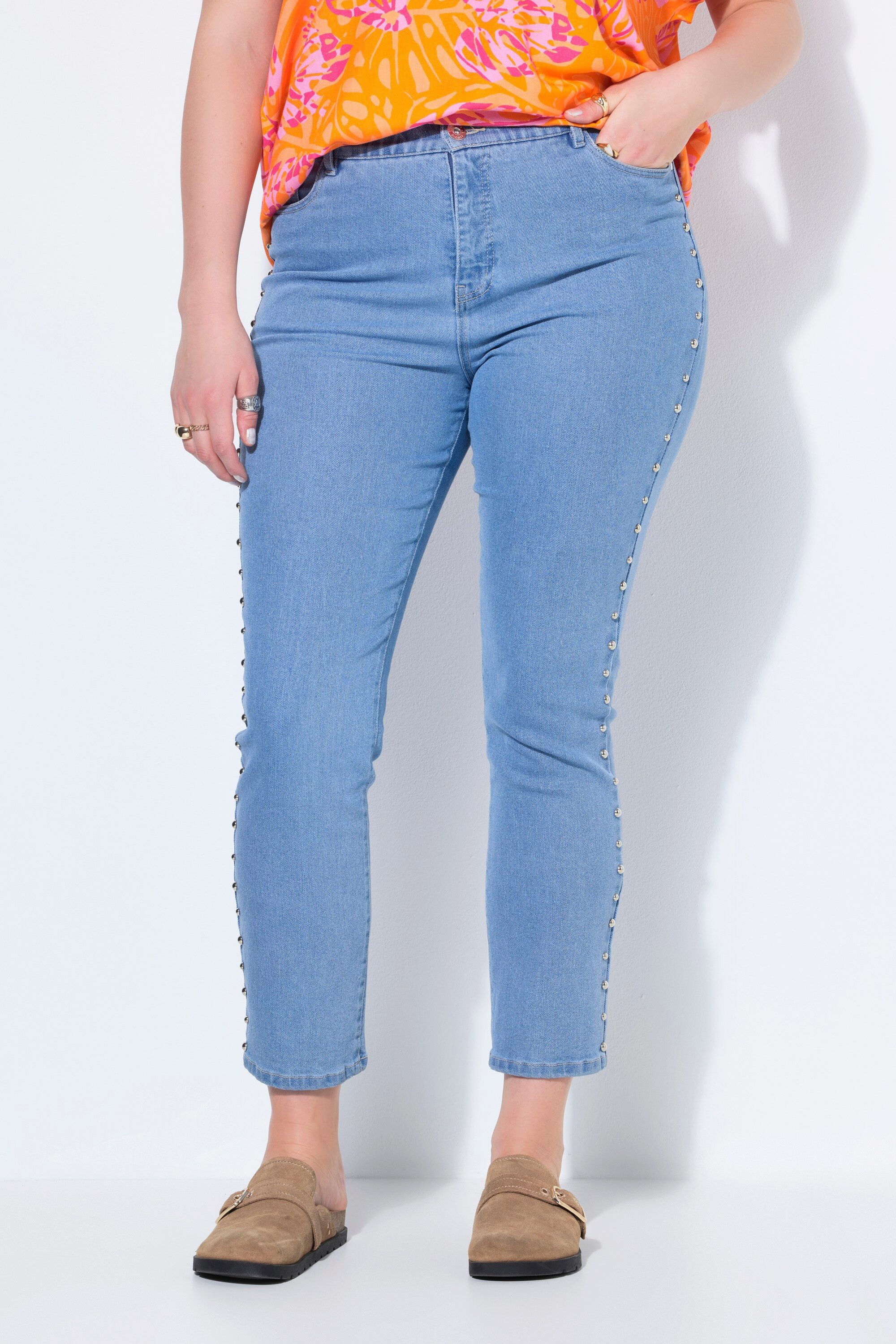 Funktionshose Mom-Jeans Ziernieten 5-Pocket Elastikbund