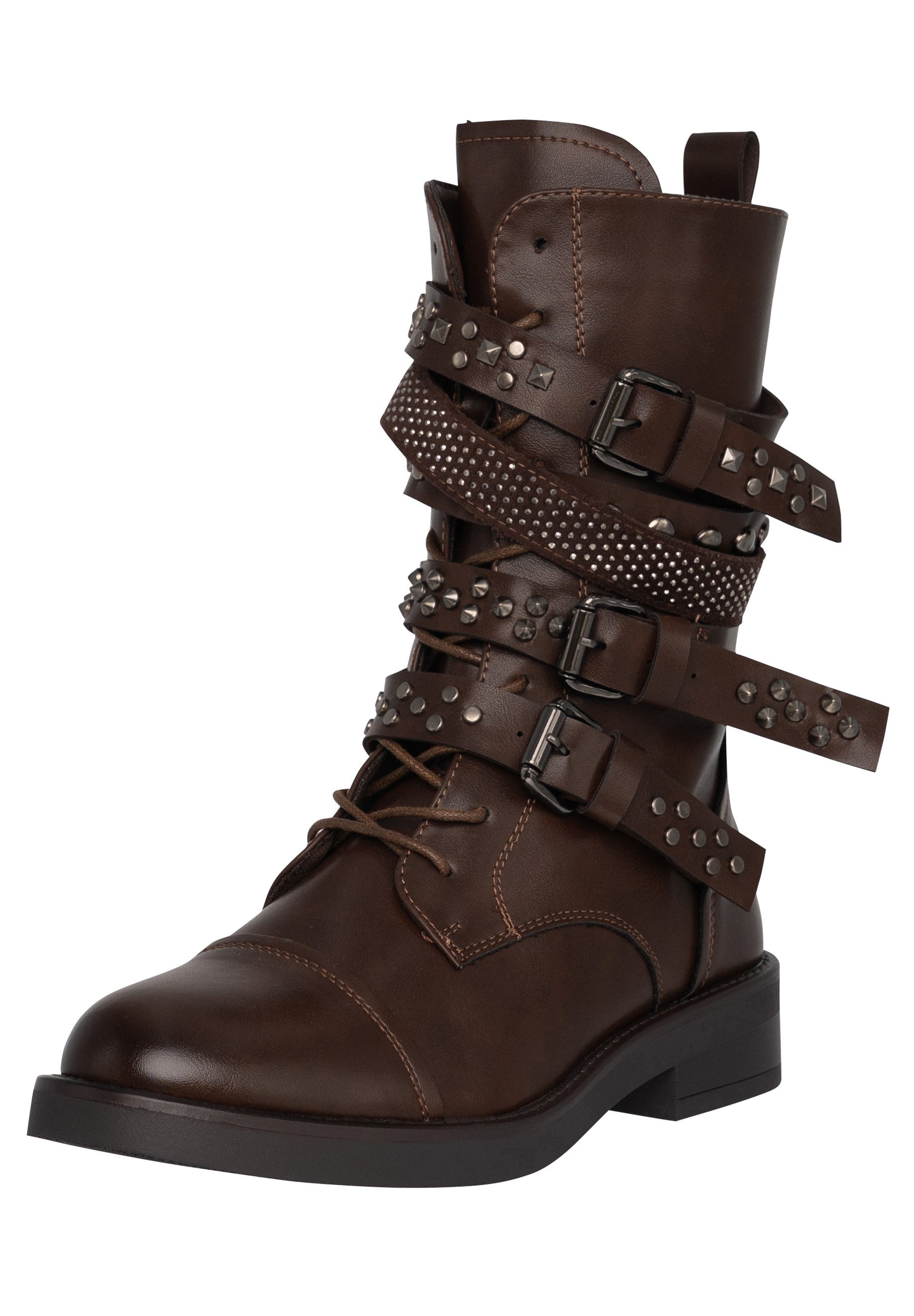 Salinyang Biker Boots mit Nieten, Schnallenriemen und Reißverschluss Stiefel