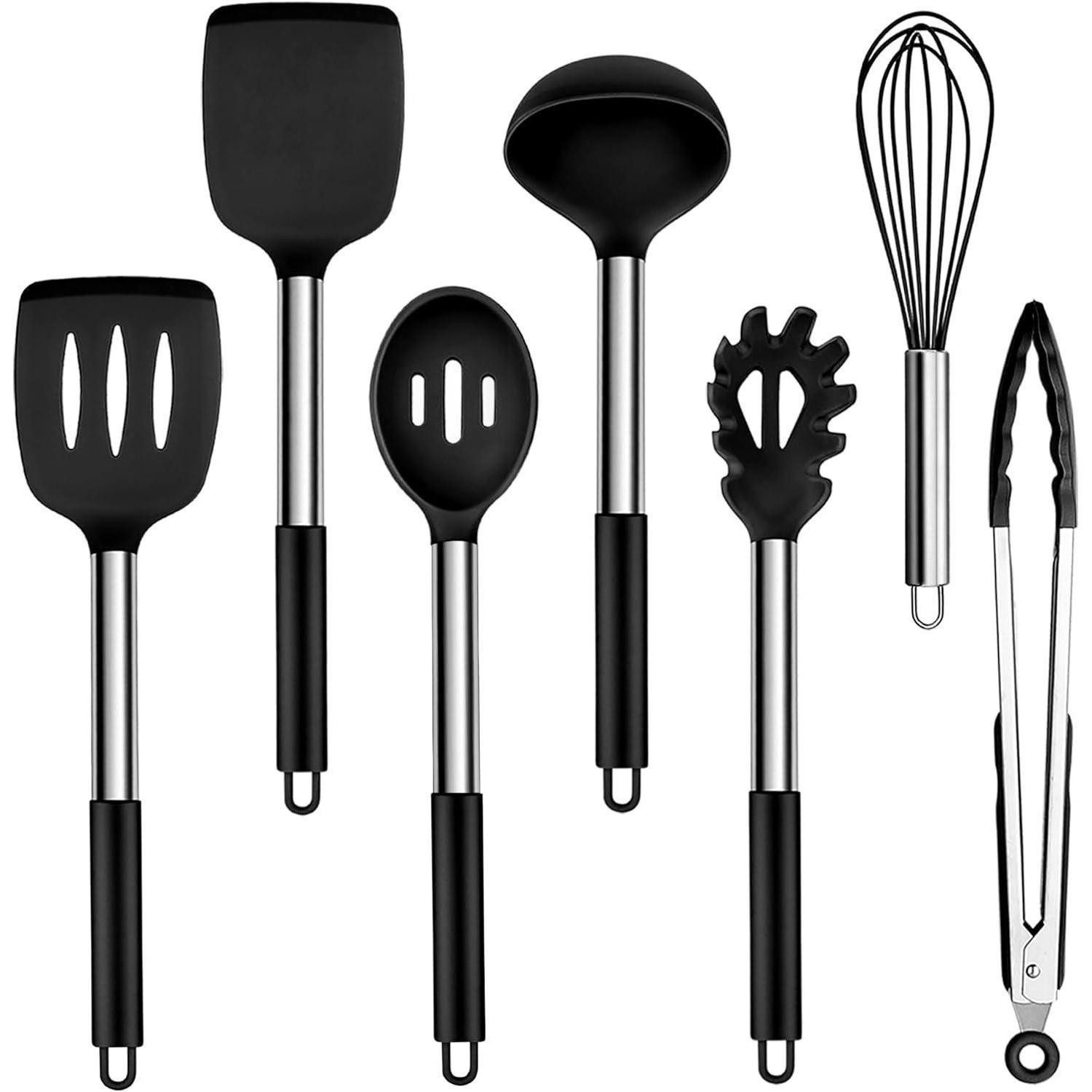Kochbesteck-Set Küchenhelfer Set Silikon Schwarz, 7-tlg. Edelstahlgriff Antihaft