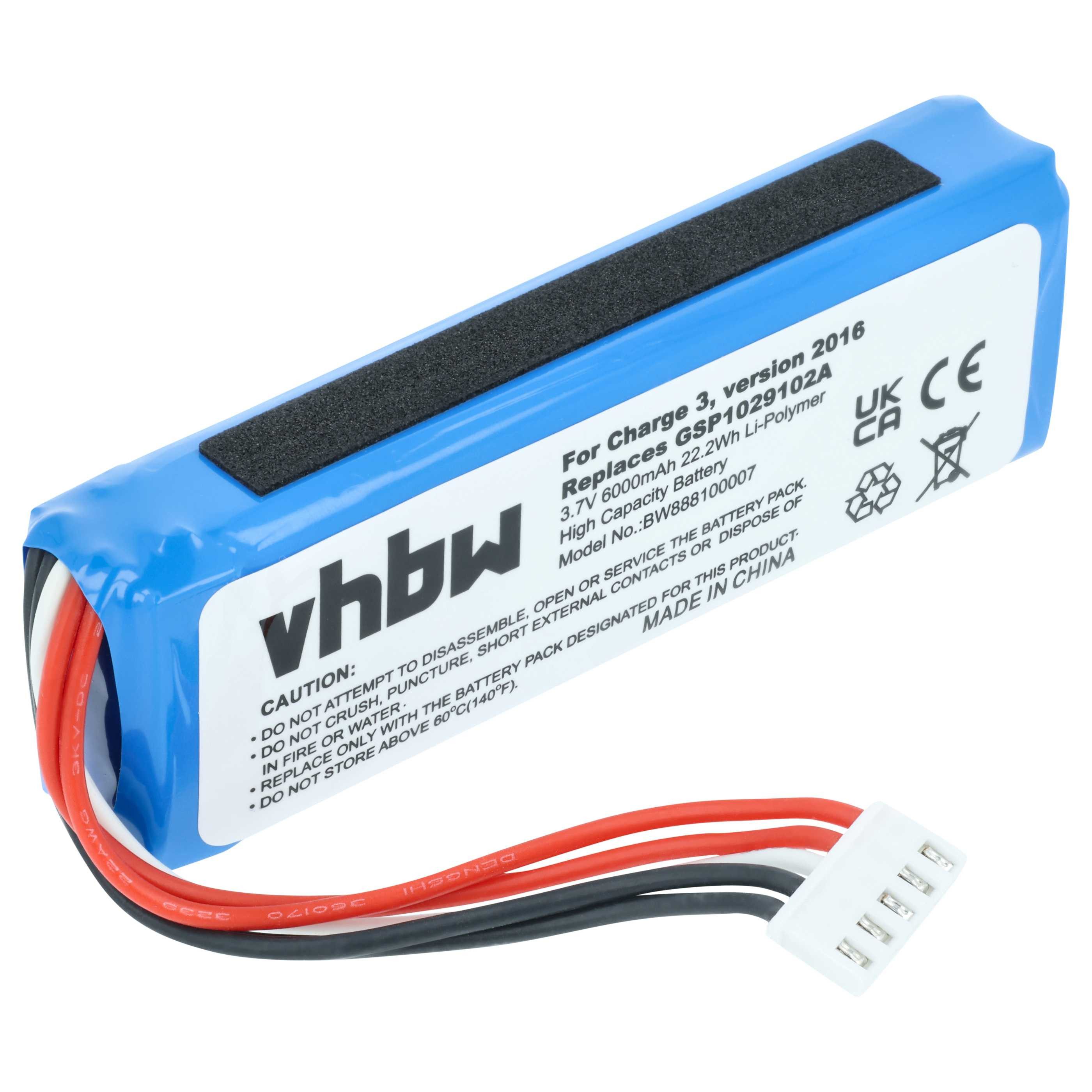 vhbw Akku passend für JBL Charge 3 2016 Lautsprecher (6000 mAh, 3,7 V, Akku Akku Li-Polymer 6000 mAh (3,7 V, 1 St), Leistungsfähiger Austausch-Akku für Outdoor Lautsprecher