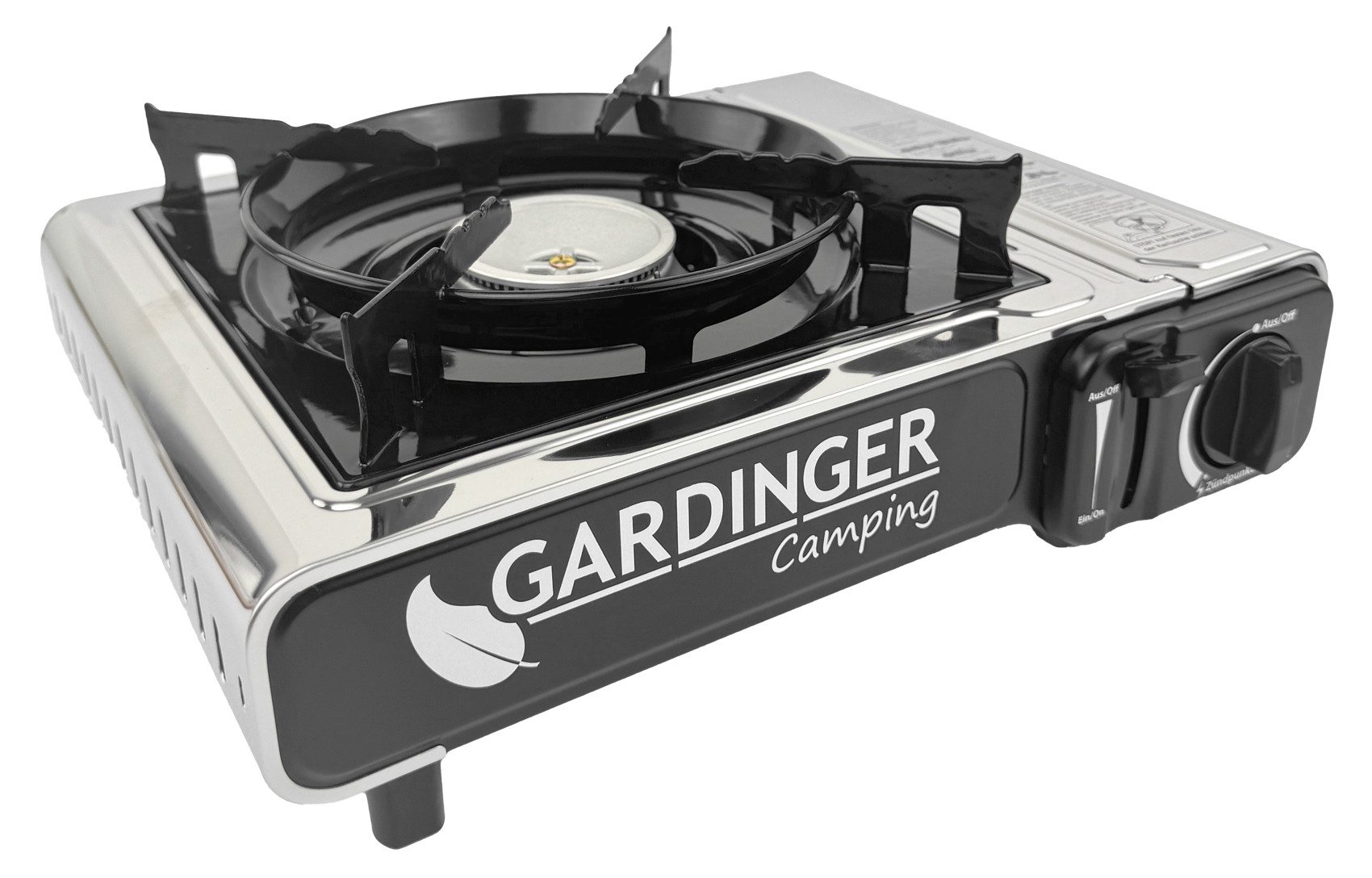 GARDINGER Gaskocher Campingkocher Safety Camp Allgas Piezo Zündsicherung vier Kartuschen, (Allgas-Adapterschlauch), Zündsicherung, Windschutz