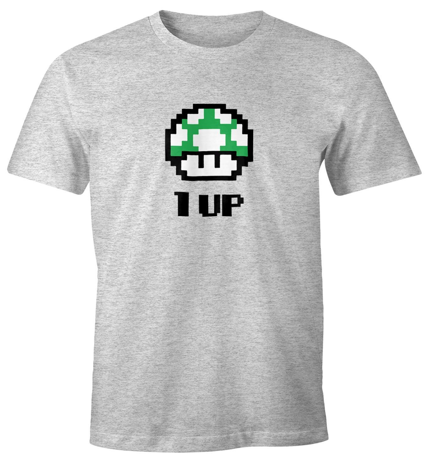 MoonWorks Print-Shirt Herren T-Shirt Geburtstag Retro Pixel-Pilz 1-Up-Pilz Level-Up Gaming Konsole 90er Fun-Shirt Moonworks® mit Print grau