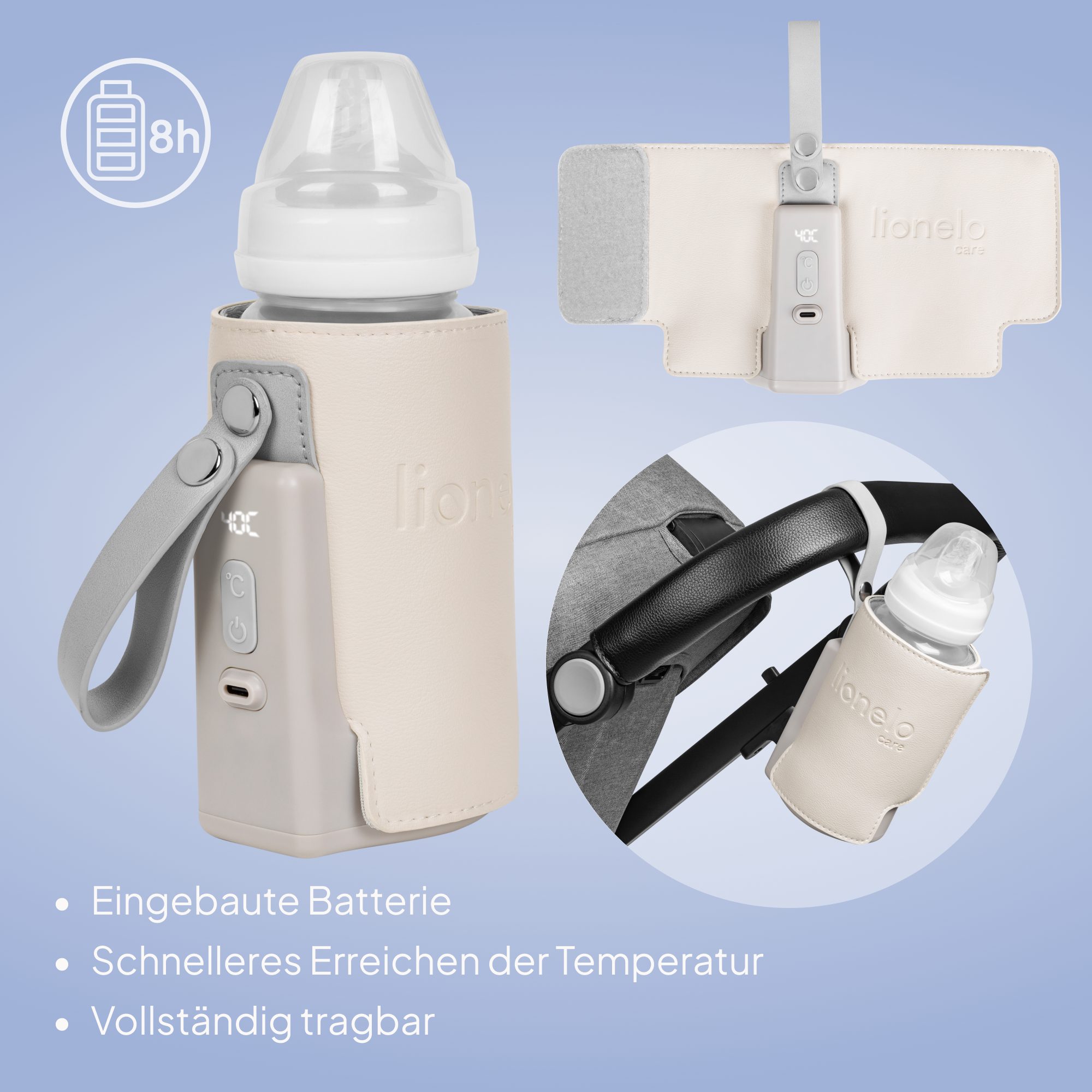 lionelo Babyflaschenwärmer THERMUP GO PLUS, Schnelles Erhitzen - 5 Temperaturen/3000mAh/USB-C