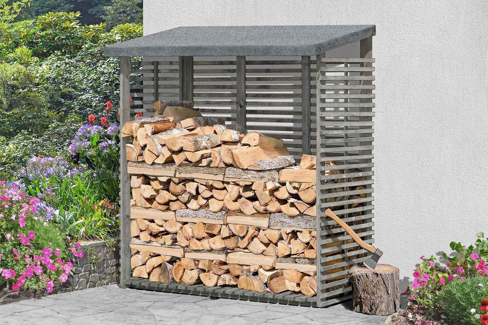 Gartenpirat Kaminholzregal mit Rückwand in grau aus Holz Holzlager Kaminholzregal, BxTxH:188x69x183 cm