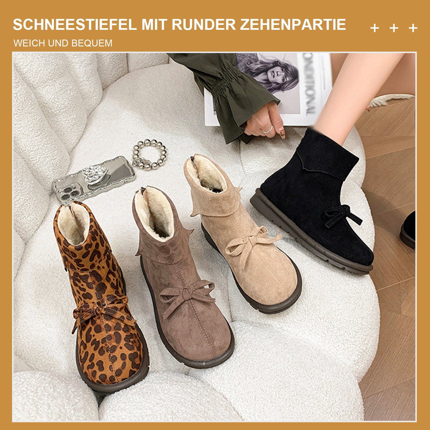 Damen Flach Daisred Schwarz Winterschuhe Stiefel Mode-Stiefe Boots Gefüttert