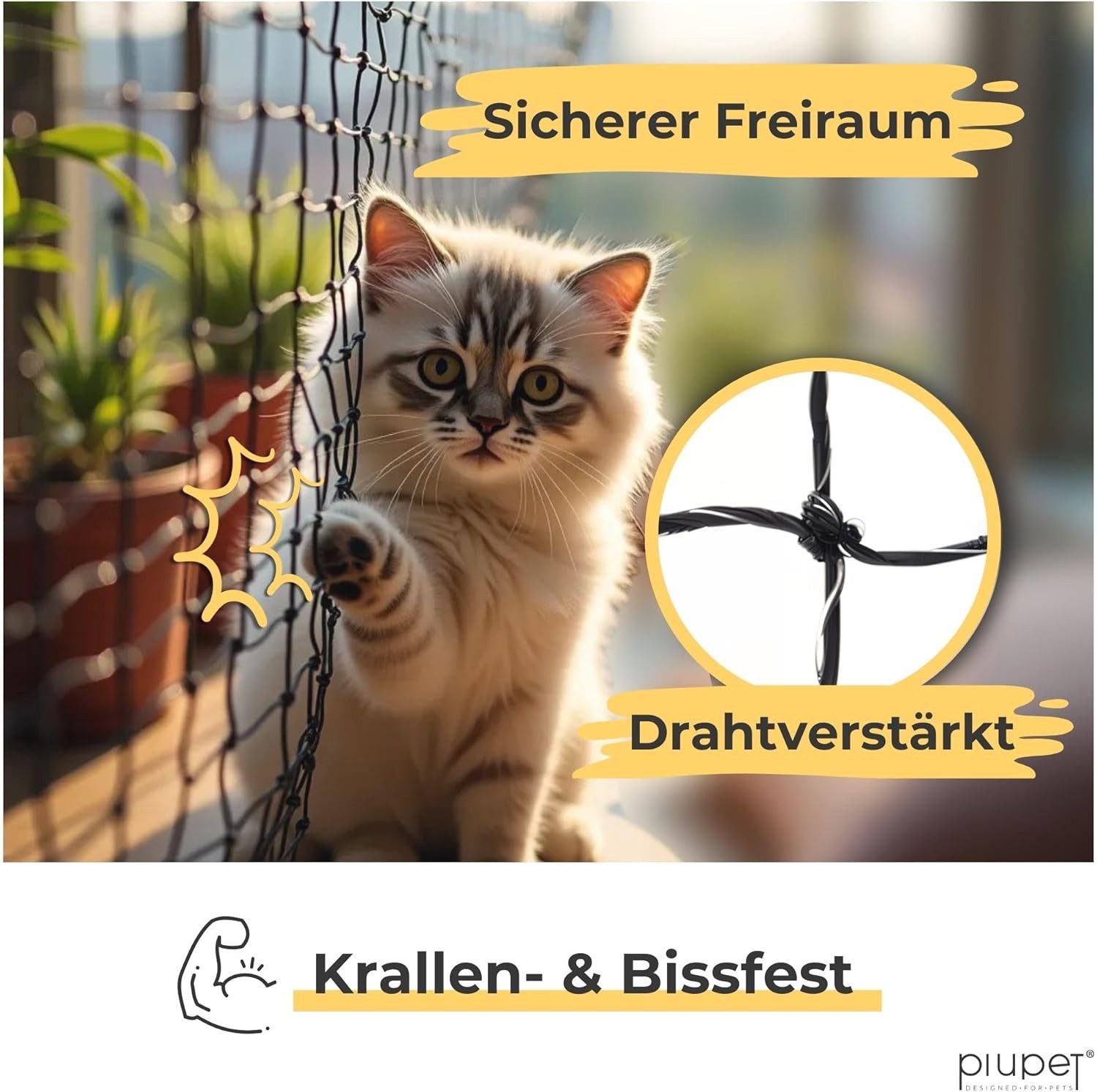 Piupet Kupfernetz PiuPet Katzennetz Drahtverstärkt 4x3m schwarz Befestigungsset inkl.