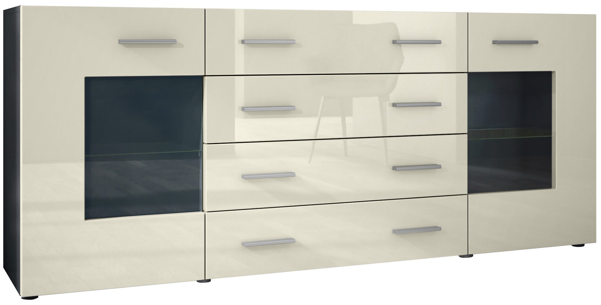 Vladon Sideboard Grömitz (Kommode mit 2 Türen, 4 Schubladen und 2 flexible Glaseinlegeböden), Schwarz matt/Creme Hochglanz (166 x 72 x 35)