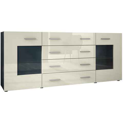 Vladon Sideboard Grömitz (Kommode mit 2 Türen, 4 Schubladen und 2 flexible Glaseinlegeböden), Schwarz matt/Creme Hochglanz (166 x 72 x 35)