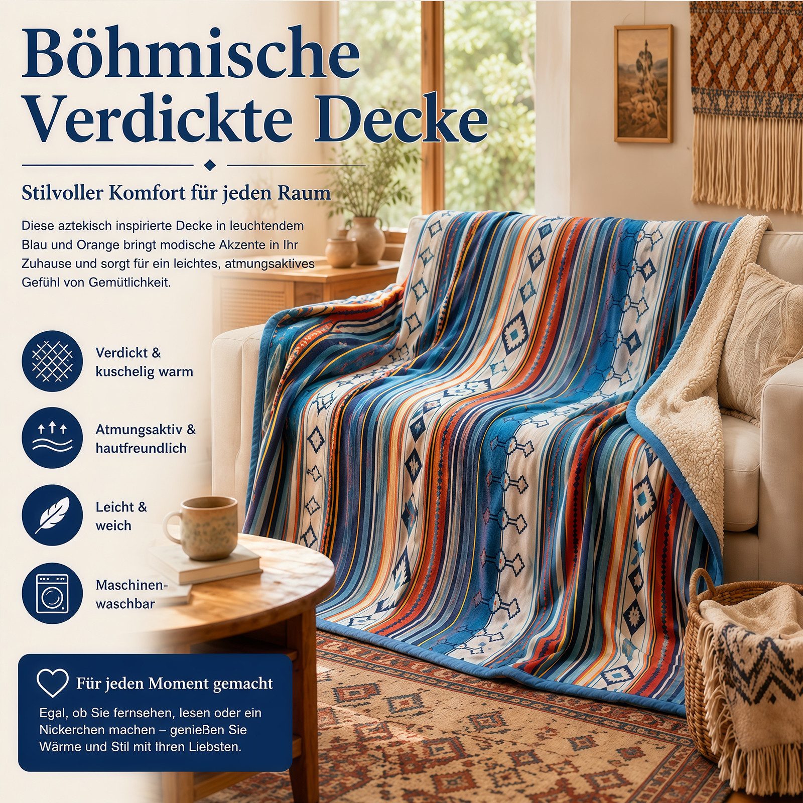 Wohndecke Kuscheldecke Fleecedecke 127x152 / 150x200 cm, weich & warm, PFCTART, Flauschige Decke, wendbar, 100 % Mikrofaser mit Aztekenmuster – Bild 4 von 5