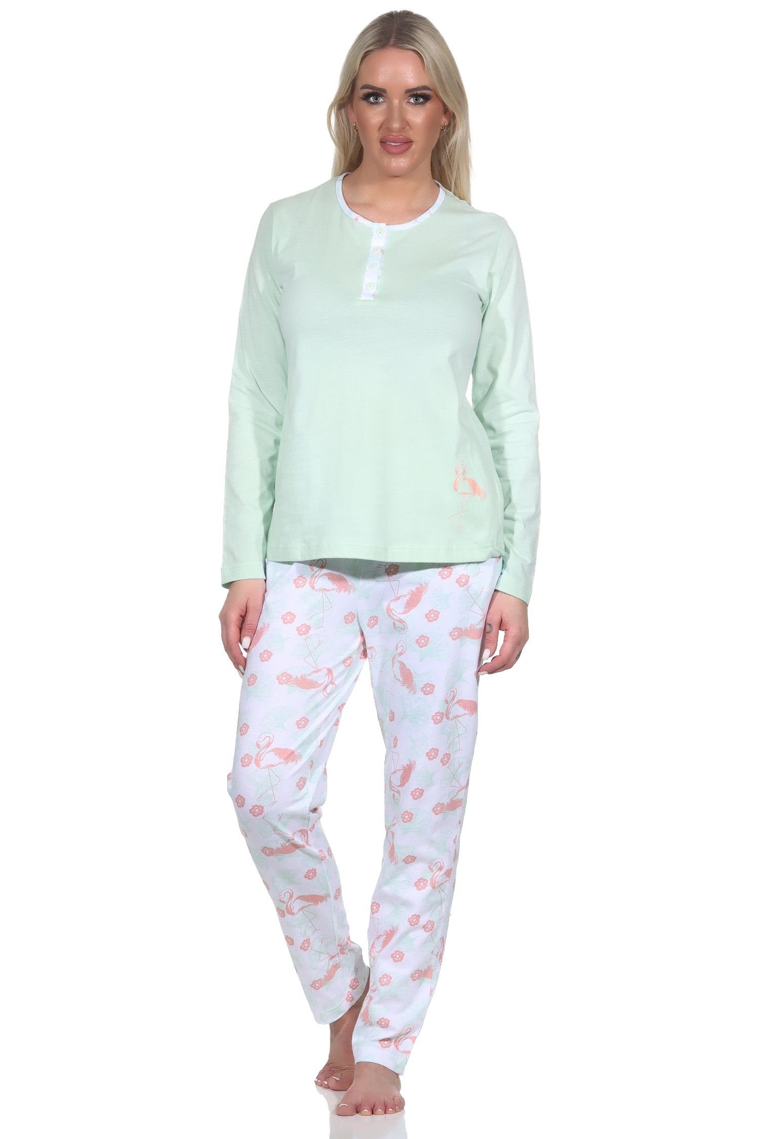 Normann Pyjama Damen Schlafanzug Langarm mit Flamingo Motiv und Knopfleiste am Hals grün