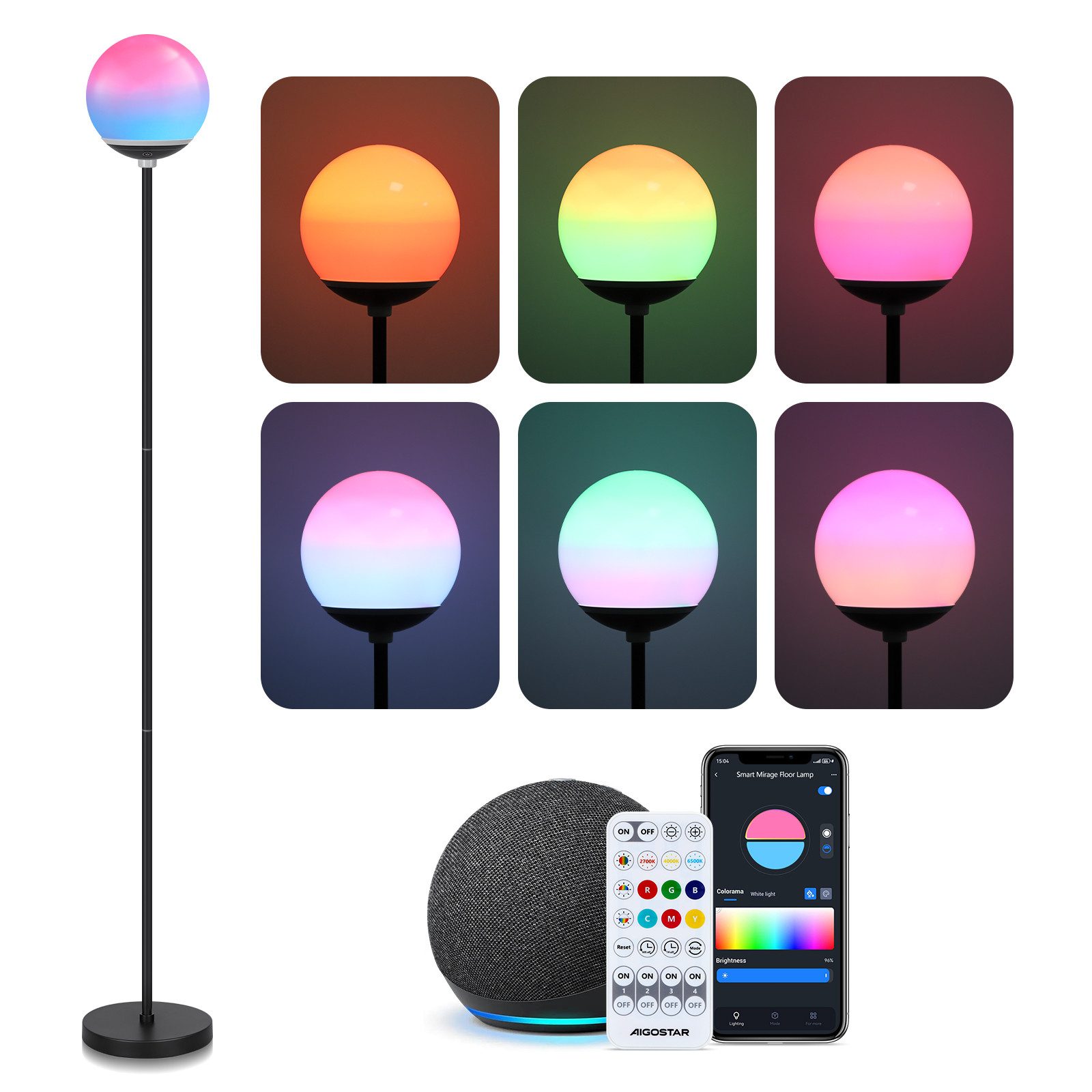 Aigostar LED Stehlampe Floor Lamp Bluetooth Mesh, 8W, 800LM, 2700K-6500K, RGB dimmbar, 8W, 800LM, 2700K-6500K, RGB dimmbar, 150 cm hoch