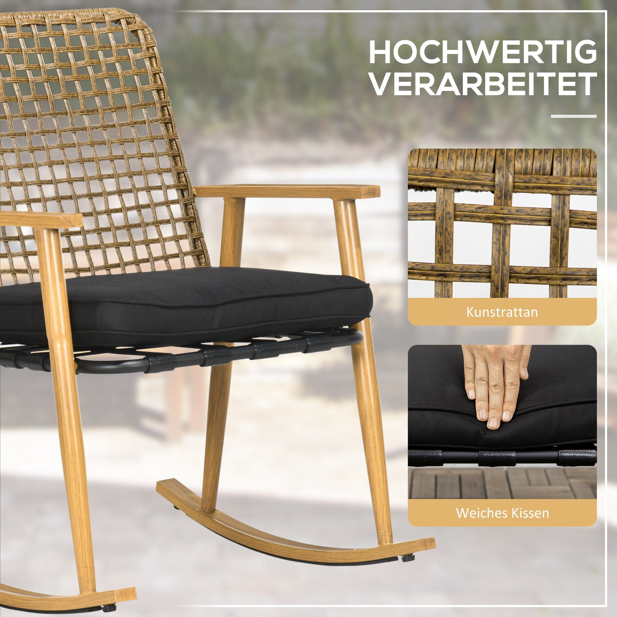 GAOMON 3-teiliges Outdoor Sitzset | 2 Dreh-Schaukelstühle + Beistelltisch | Dunkelbraunes Korbgeflecht Mit Aprikosenkissen | Für Terrasse, Garten, Pool
