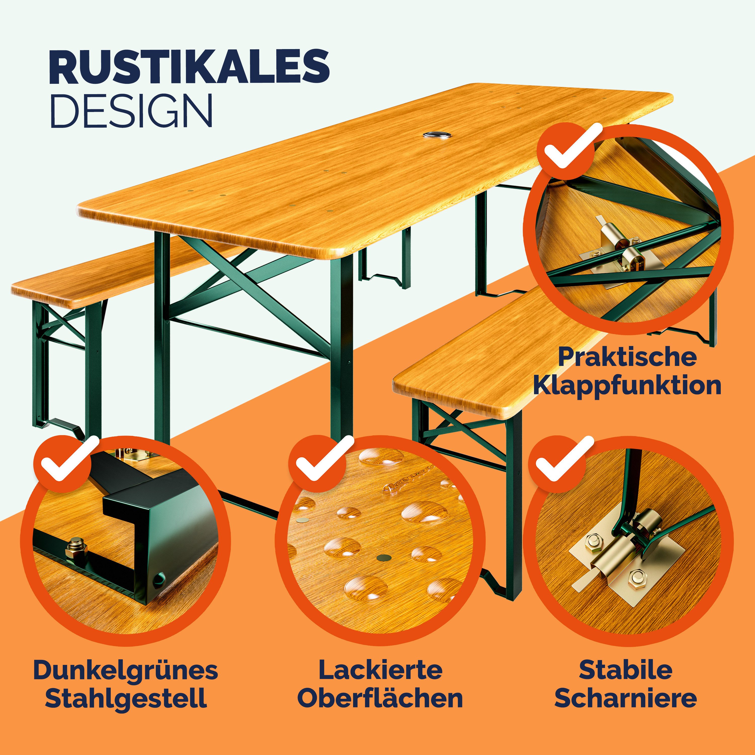 Casaria Bierzeltgarnitur, 4er Set 170cm Klappbar Stabil 3 Teilig 2x Bierbank 1x Tisch Holz