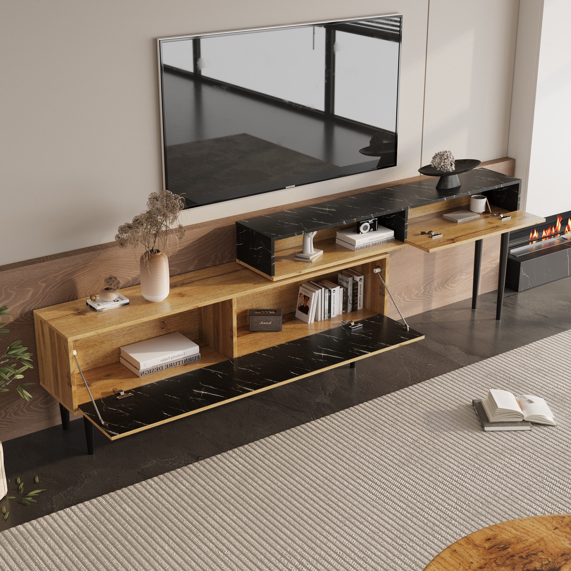 Merax Lowboard mit Tischplatte in Marmoroptik und Metallbeine, TV-Schrank stapelbar,TV-Board Länge verstellbar,Bis 200cm
