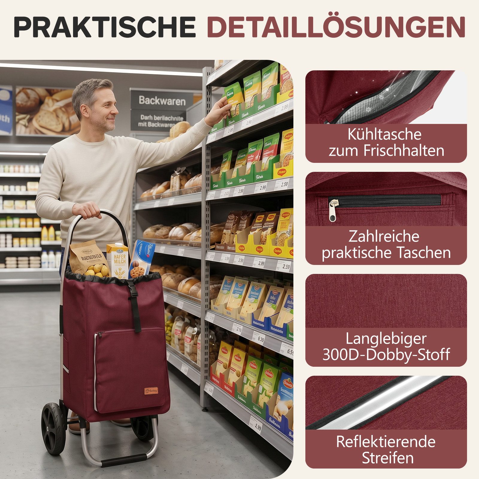 Sekey Einkaufstrolley Aluminium 2-in-1 Faltbar Einkaufstrolley Treppensteiger mit Kühltasche, 50 l Faltbar Einkaufsroller mit großen Rädern und Sackkarren-Funkt – Bild 5 von 5