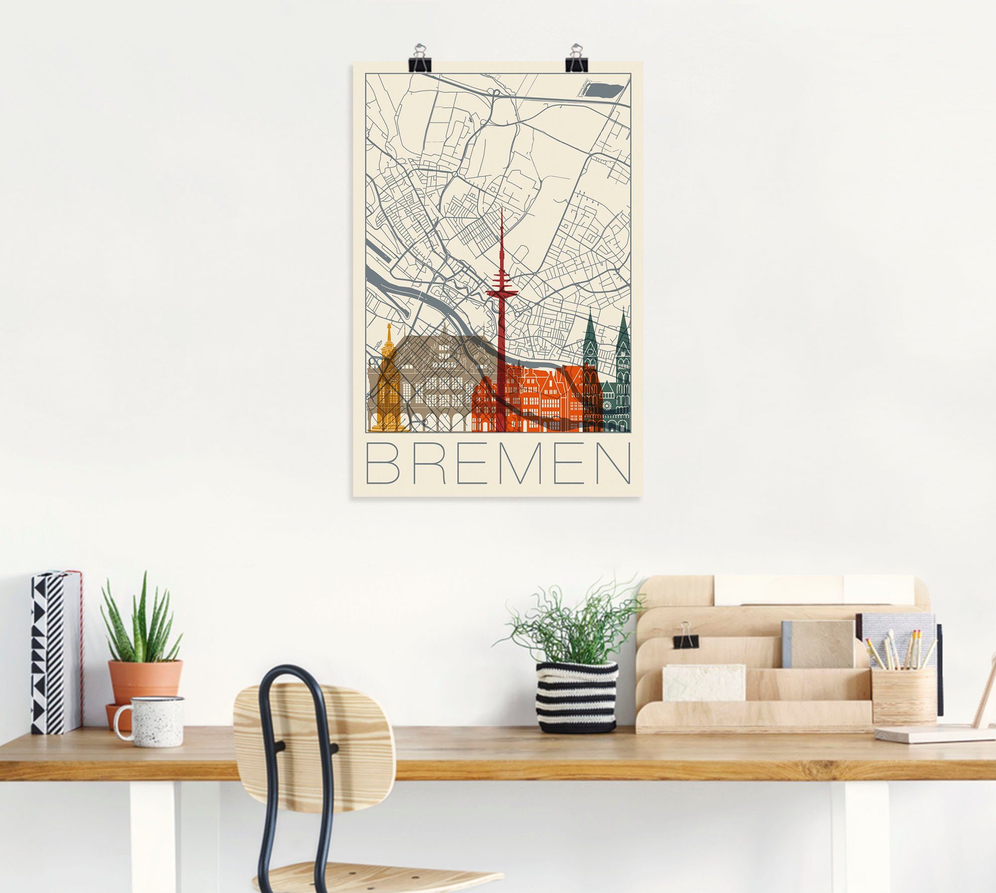 Karte oder Bremen, Deutschland Wandbild Alubild, versch. Poster Artland in Leinwandbild, als Wandaufkleber Retro (1 St), Größen