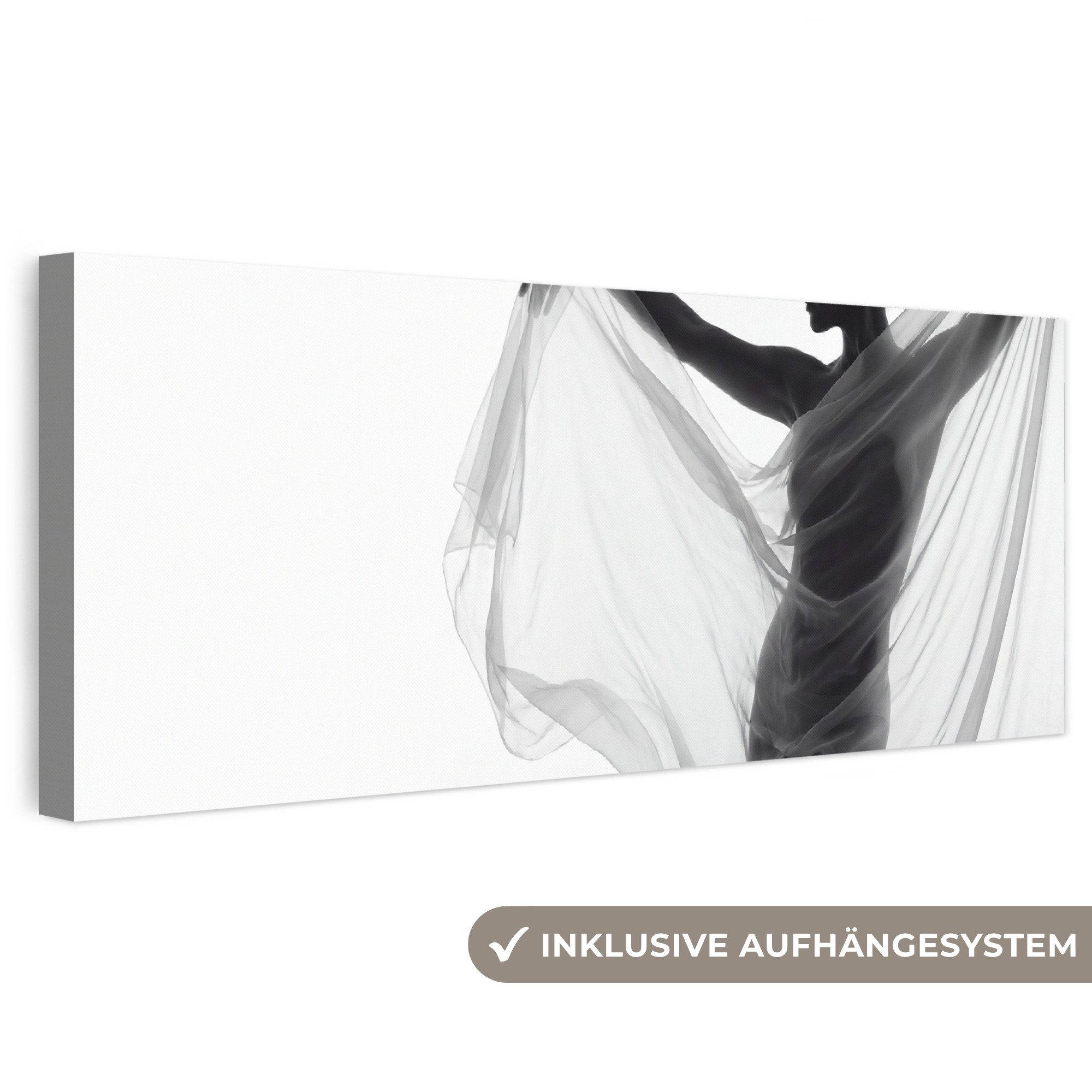 OneMillionCanvasses® Leinwandbild Panorama Silhouette - Schleier - Formen - Schwarz - Weiß - Sinnlich, Fotodruck (1 St), Wandbild, Deko Schlafzimmer Wohnzimmer Flur 60x20 cm