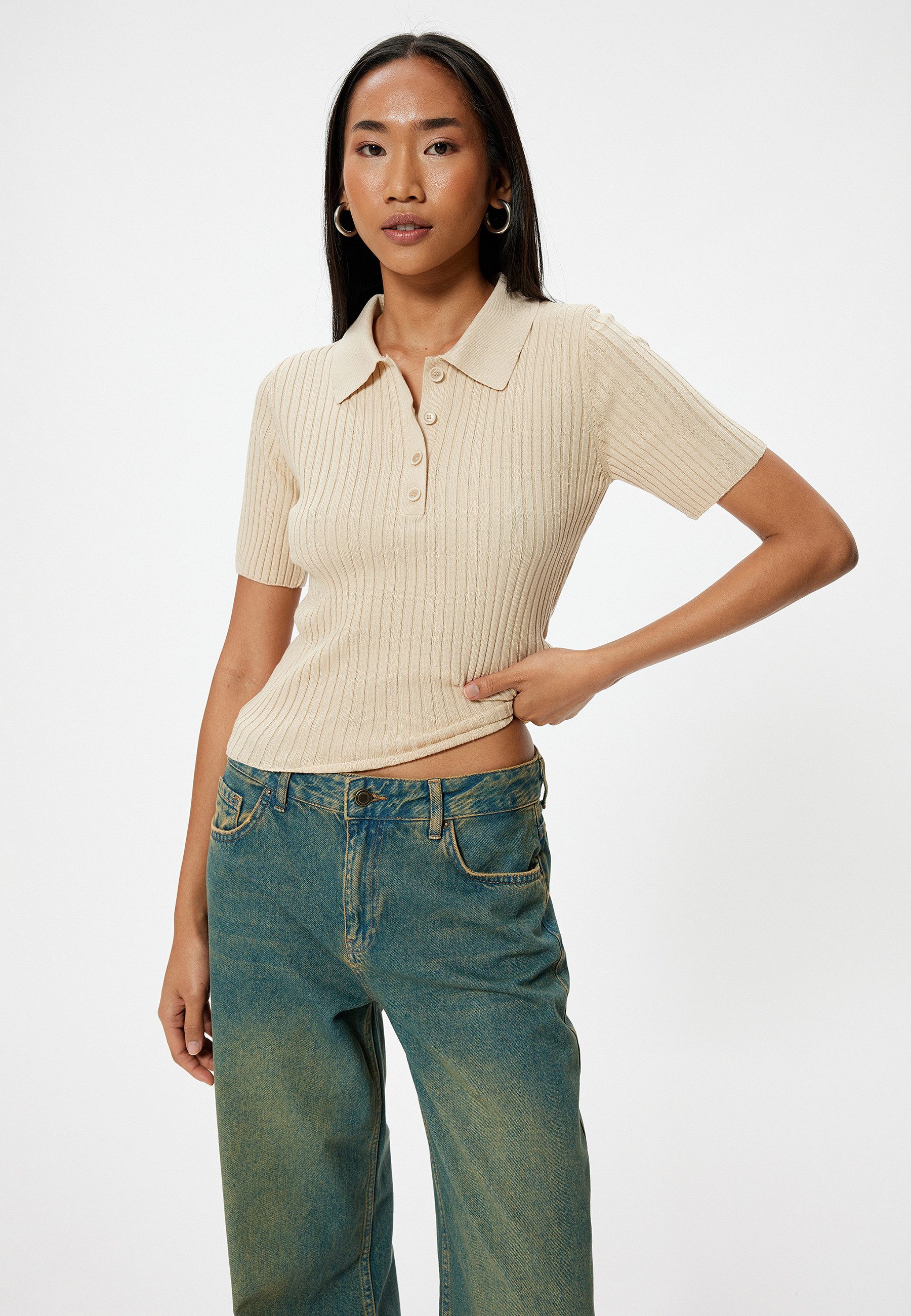 Kurzarmpullover Polokragen Mit Knöpfen