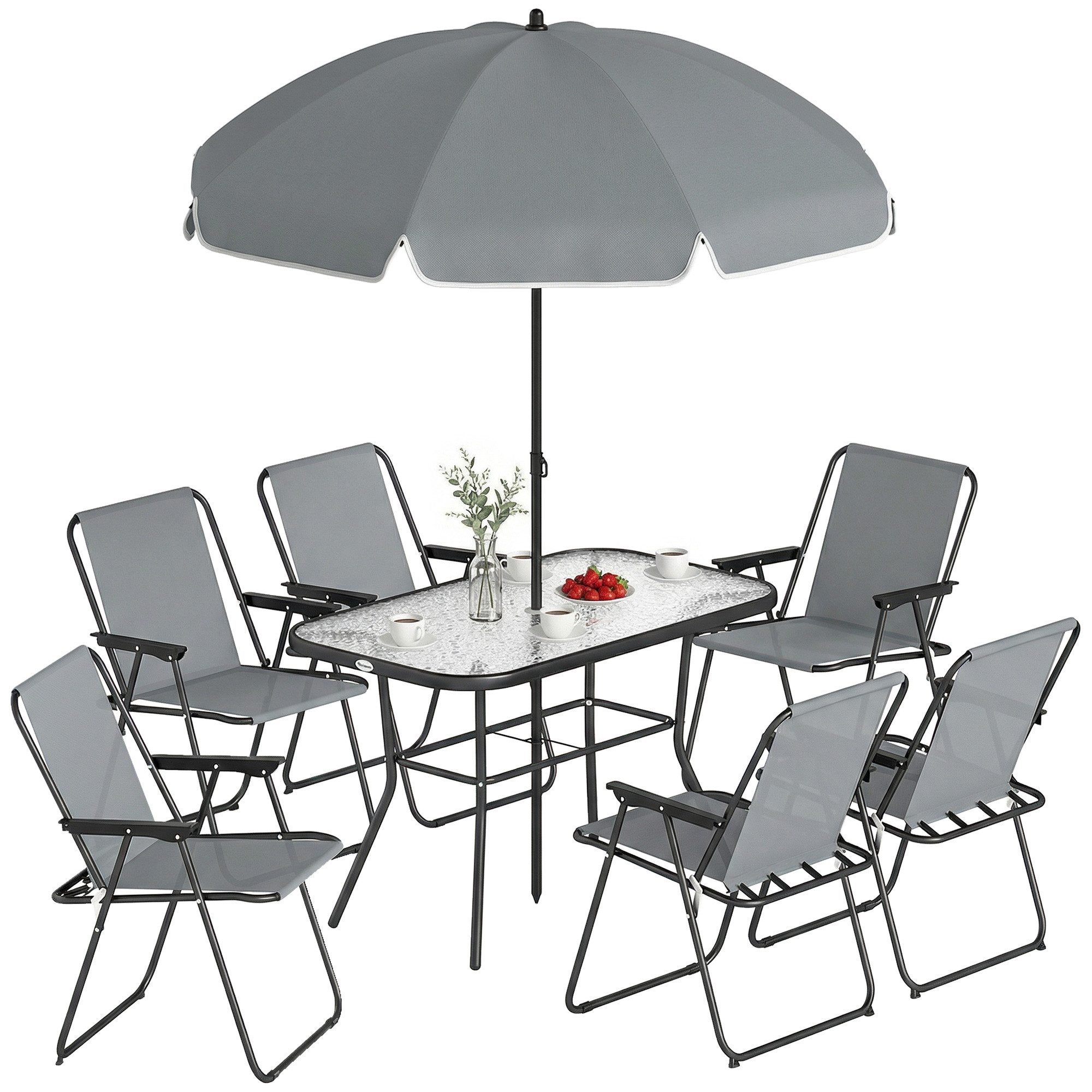 MC Star Garten-Essgruppe Gartenmöbel Set Sitzgruppe 119 x 68cm Glastisch, (mit 6 Klappstühlen Sonnenschirm Wasserwellenmuster Grau)