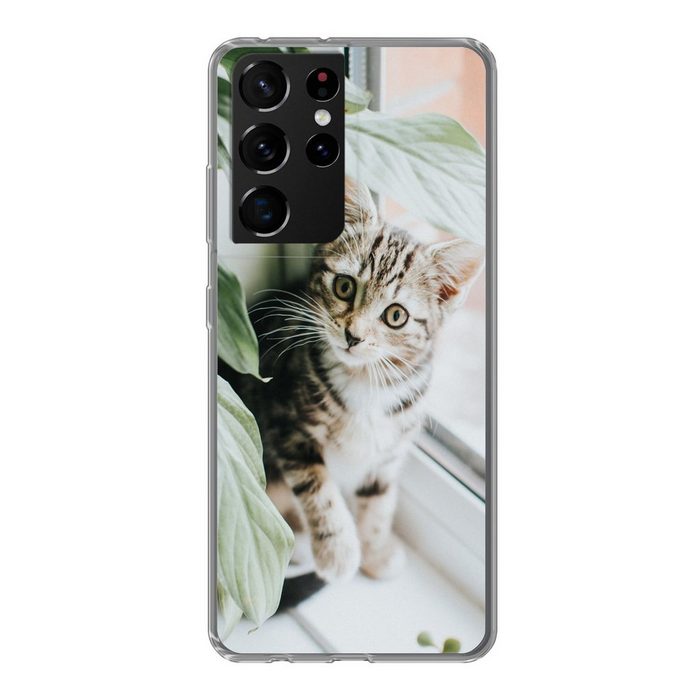MuchoWow Handyhülle Katze - Kätzchen - Pflanzen Phone Case Handyhülle Samsung Galaxy S21 Ultra Silikon Schutzhülle